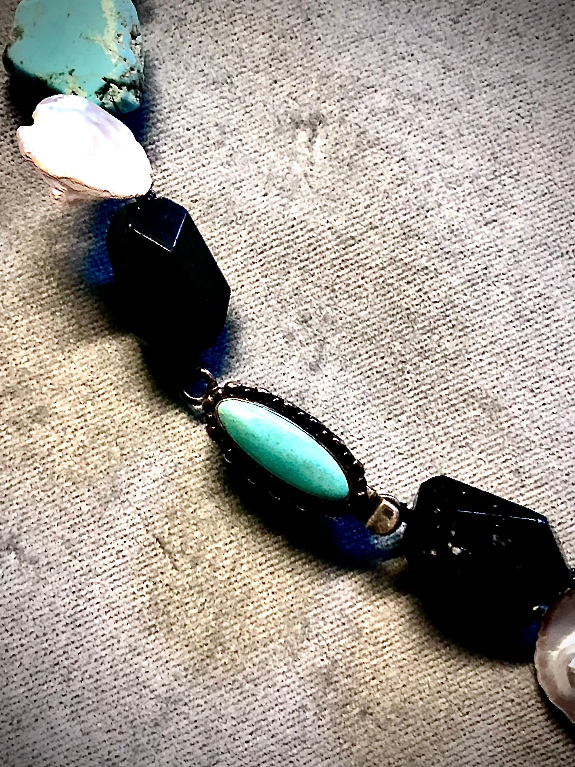 Kingman turquoise necklace with chunky tourmaline and baroque Keshi fan pearls In New Condition For Sale In New Orleans, LA