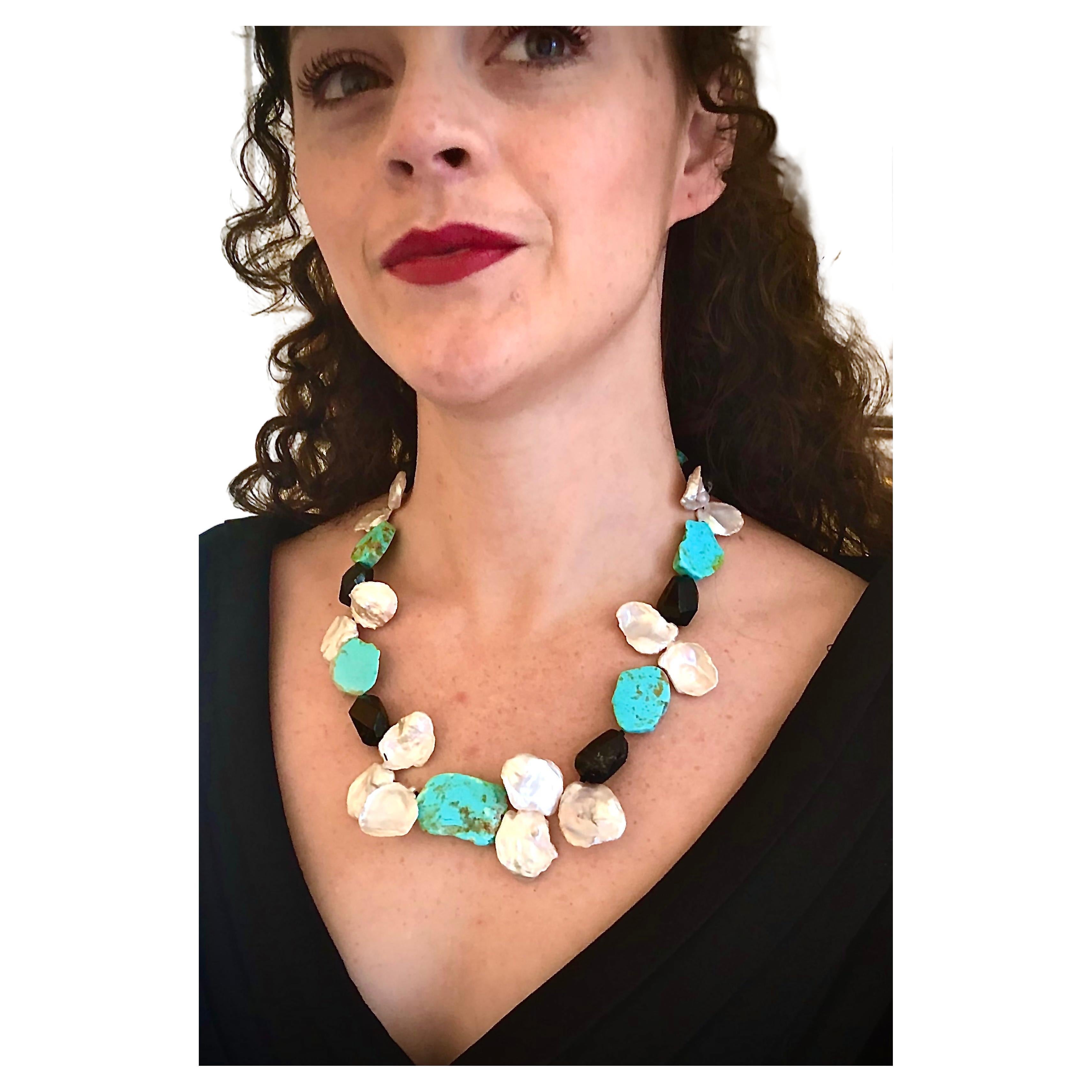 Kingman turquoise necklace with chunky tourmaline and baroque Keshi fan pearls