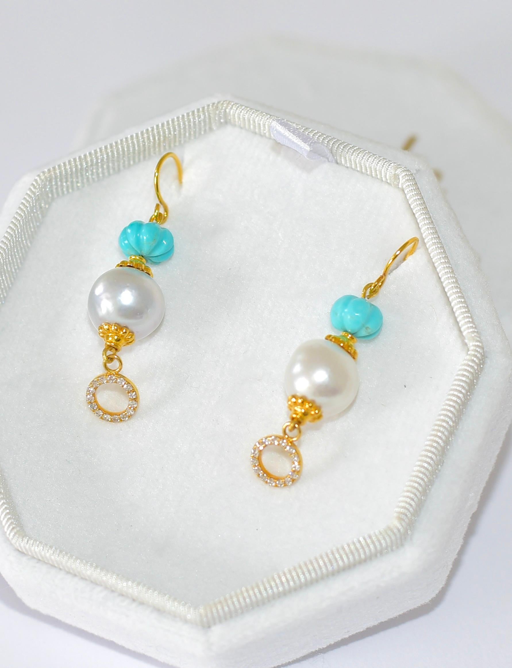 Bead Kingman Turquoise, South Sea Pearl Earrings in 18K/14k Solid Gold, Diamonds. 