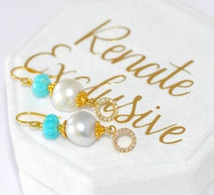 Kingman Turquoise, South Sea Pearl Earrings in 18K/14k Solid Gold, Diamonds.