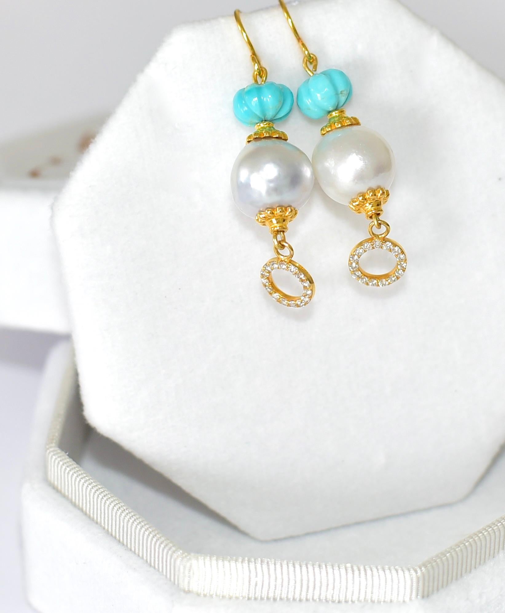 Women's Kingman Turquoise, South Sea Pearl Earrings in 18K/14k Solid Gold, Diamonds. 