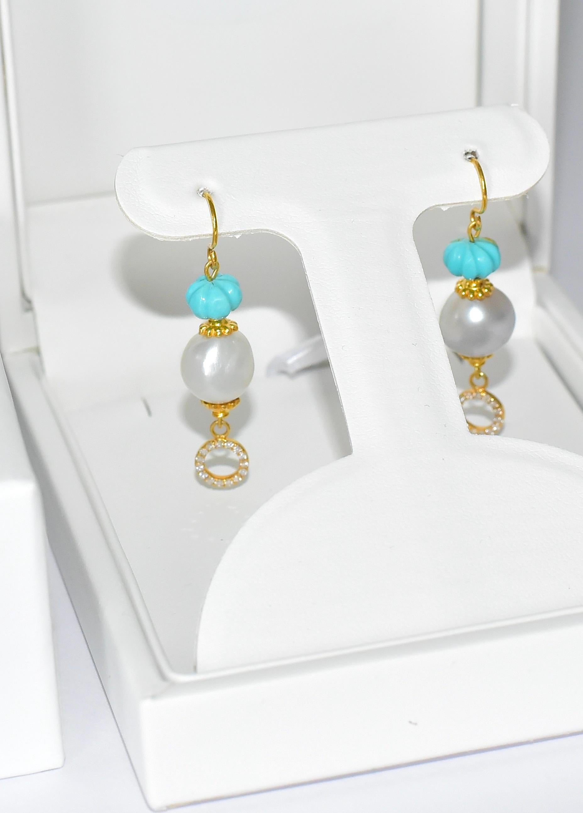 Artisan Kingman Turquoise, South Sea Pearl Earrings in 18K/14k Solid Gold, Diamonds. 