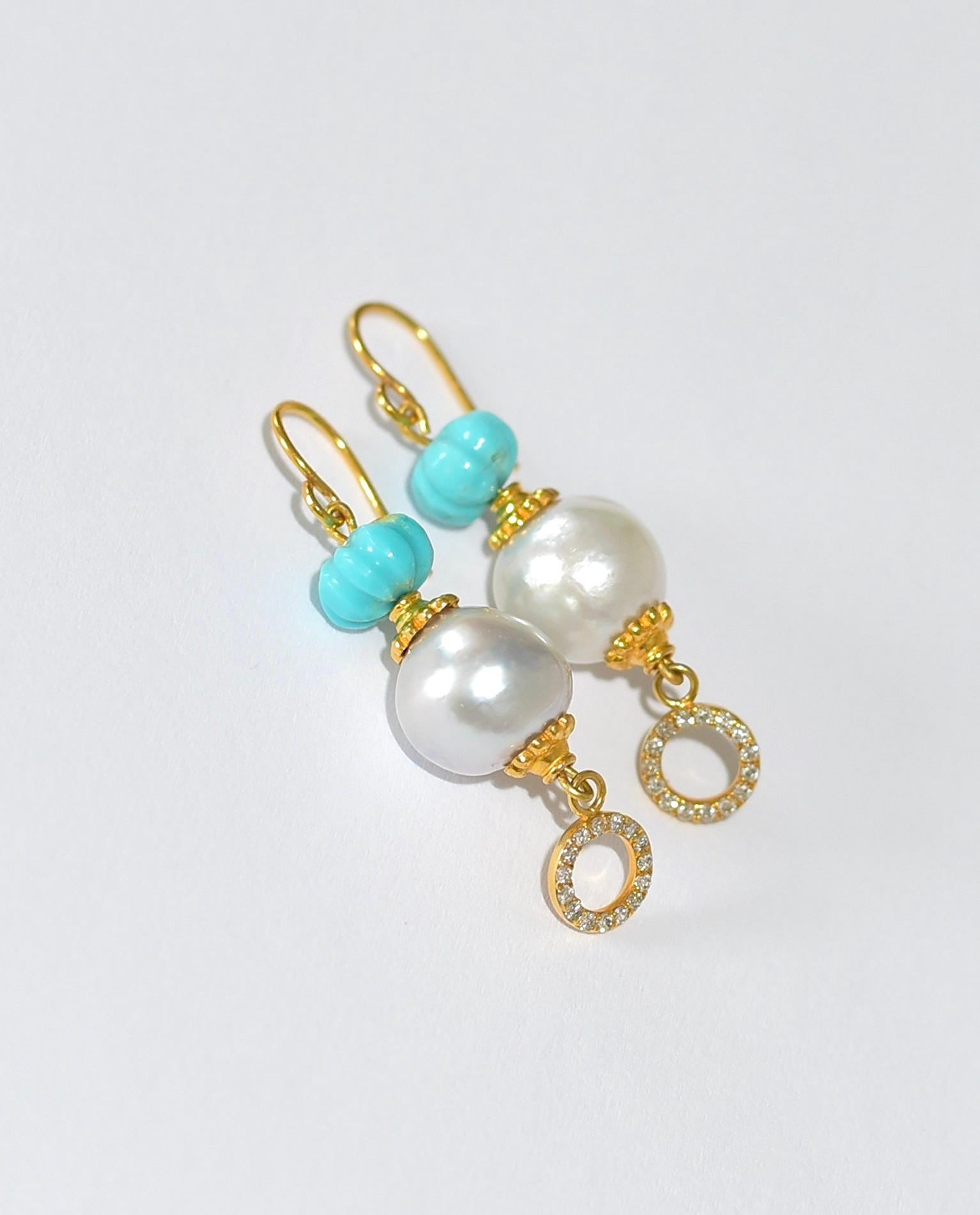 Kingman Turquoise, South Sea Pearl Earrings in 18K/14k Solid Gold, Diamonds.  In New Condition In Astoria, NY