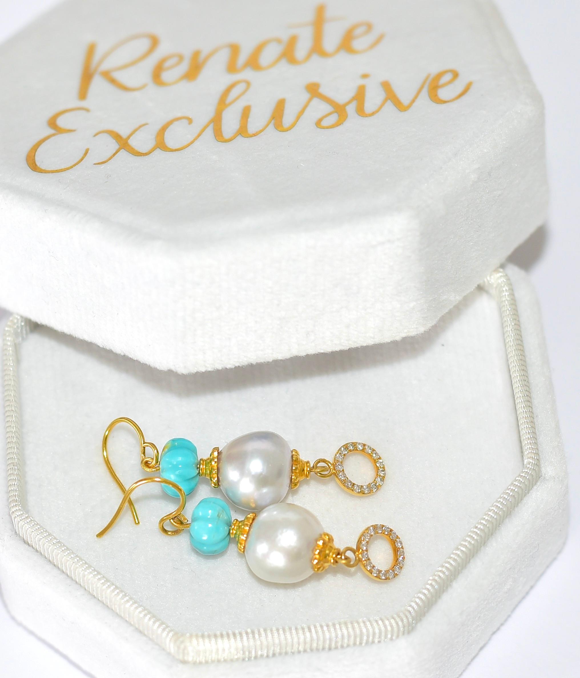 Kingman Turquoise, South Sea Pearl Earrings in 18K/14k Solid Gold, Diamonds.  1