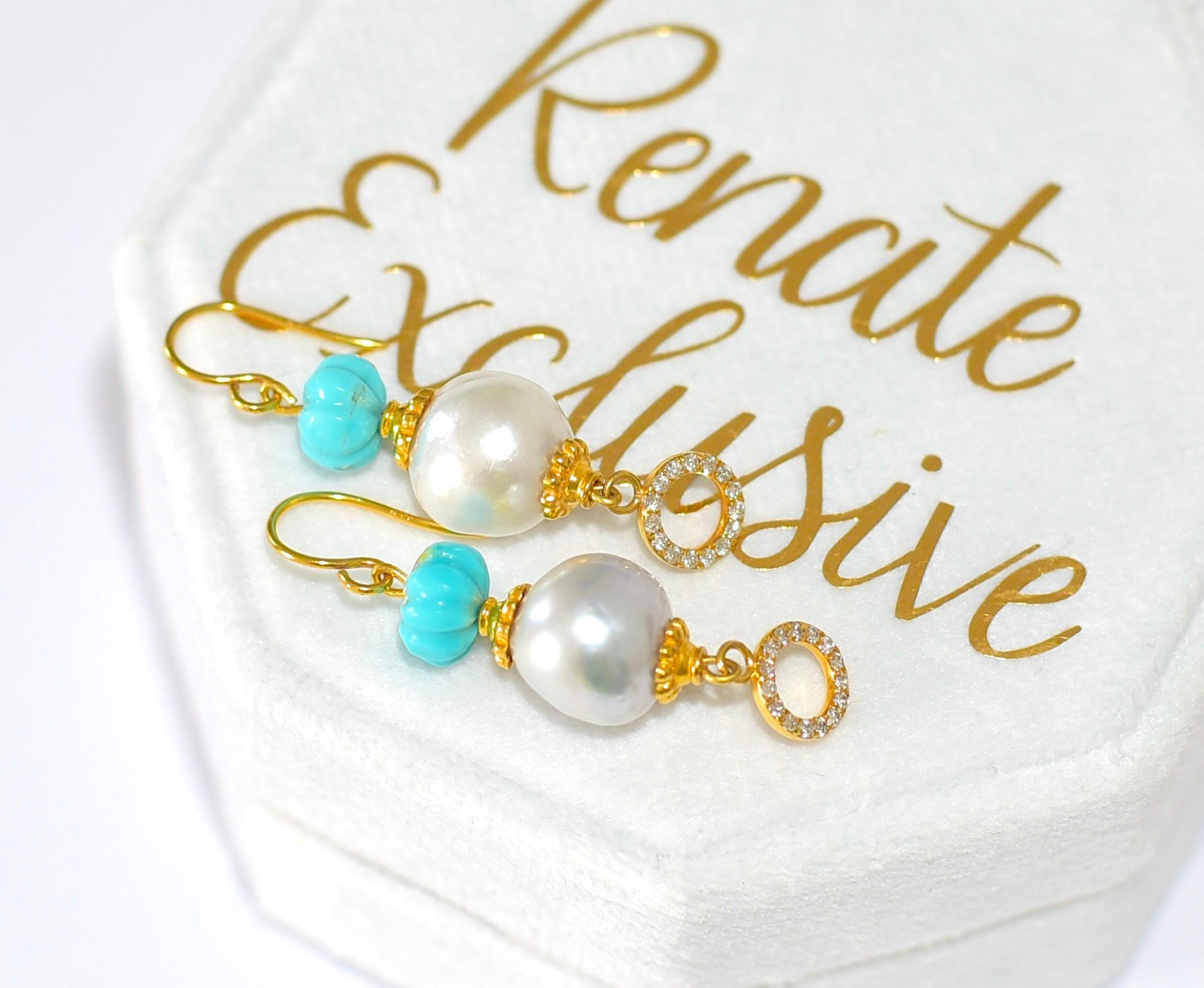 Kingman Turquoise, South Sea Pearl Earrings in 18K/14k Solid Gold, Diamonds.  2