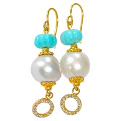 Kingman Turquoise, South Sea Pearl Earrings in 18K/14k Solid Gold, Diamonds. 