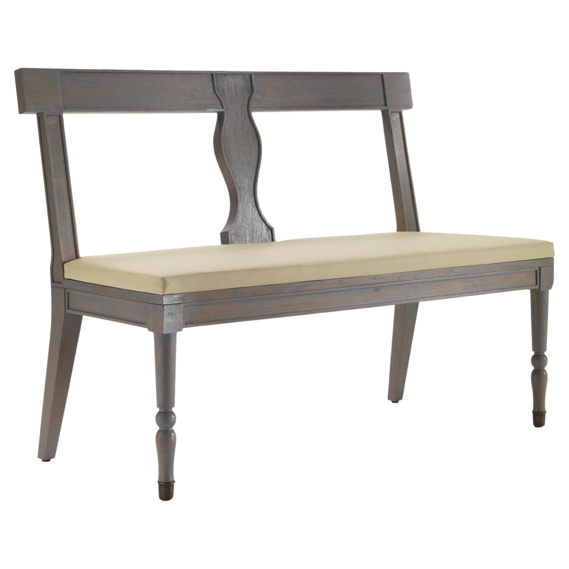 KINGS Dining Bench in Gray Oak Wood, Leather Pad, Brass Tips by Archer Humphryes For Sale