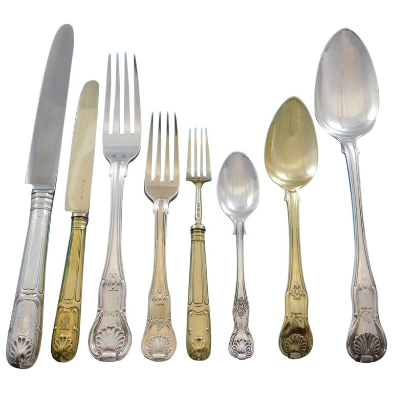 Kings English Sterling Silver Flatware Set Service 138 Pieces Dinner with  Crest For Sale at 1stDibs