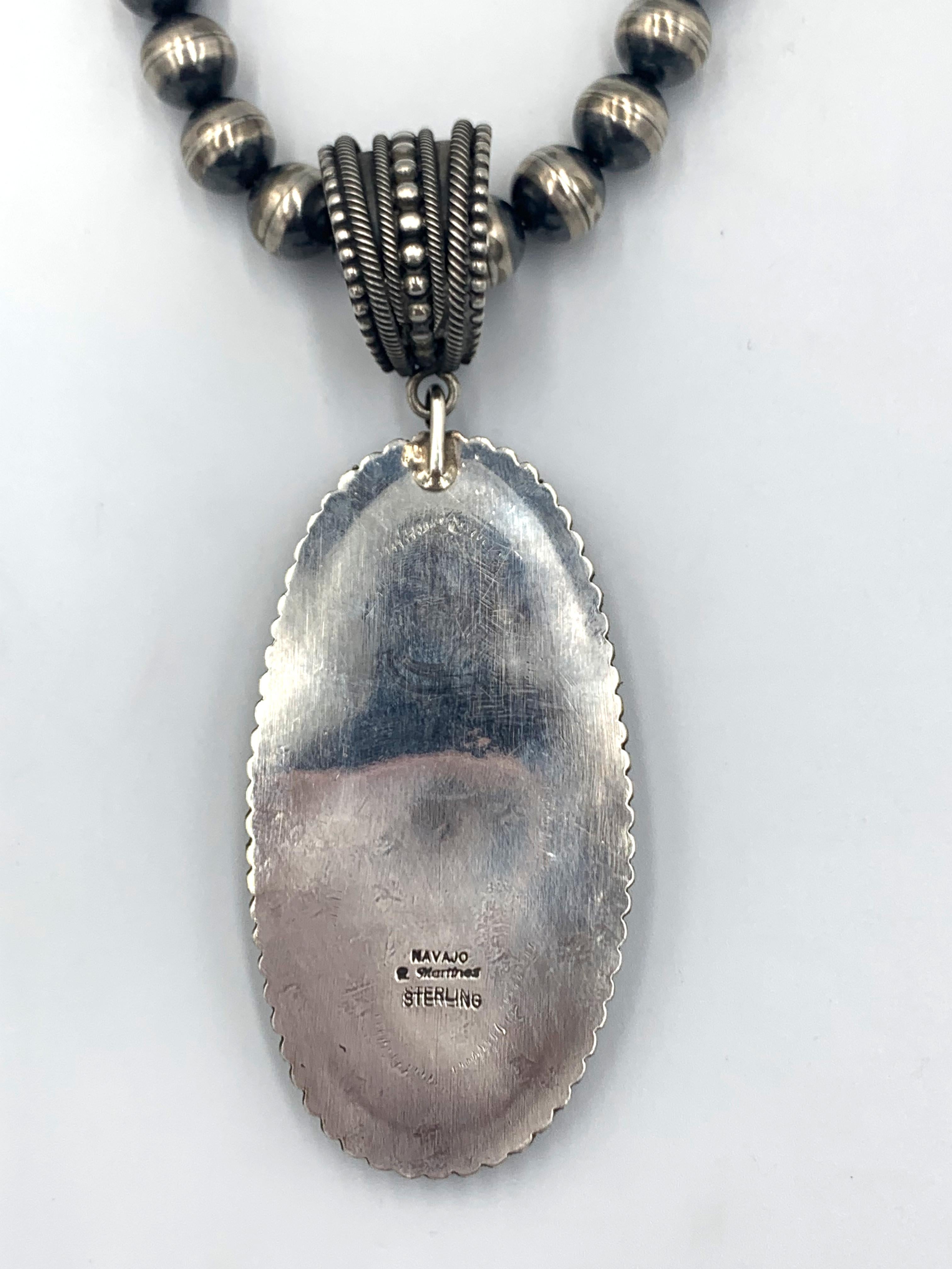 King’s Manassa Turquoise Silver Pendant with a 20.5” Navajo Pearl Necklace For Sale 8