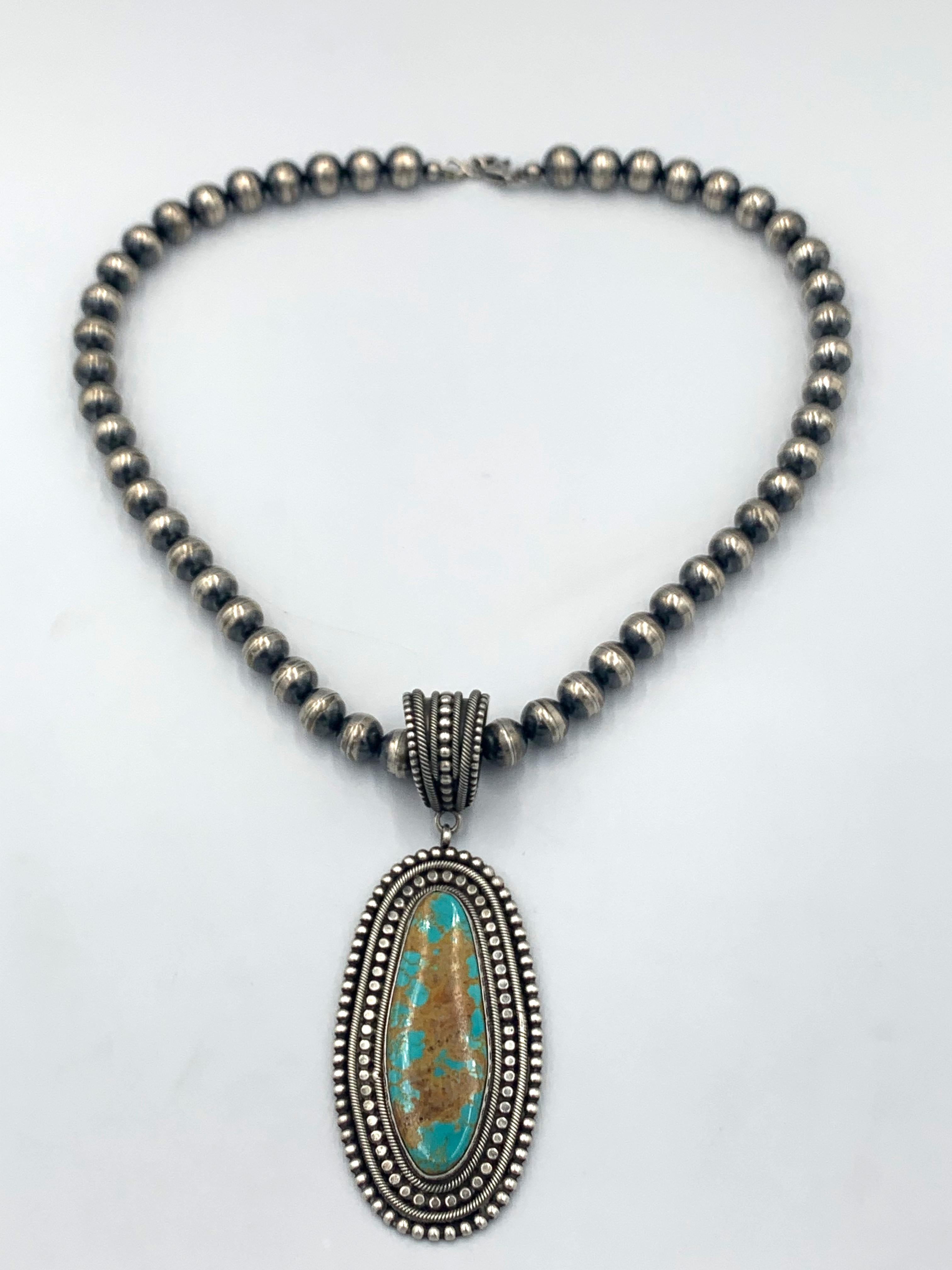 King’s Manassa Turquoise Silver Pendant with a 20.5” Navajo Pearl Necklace For Sale 10