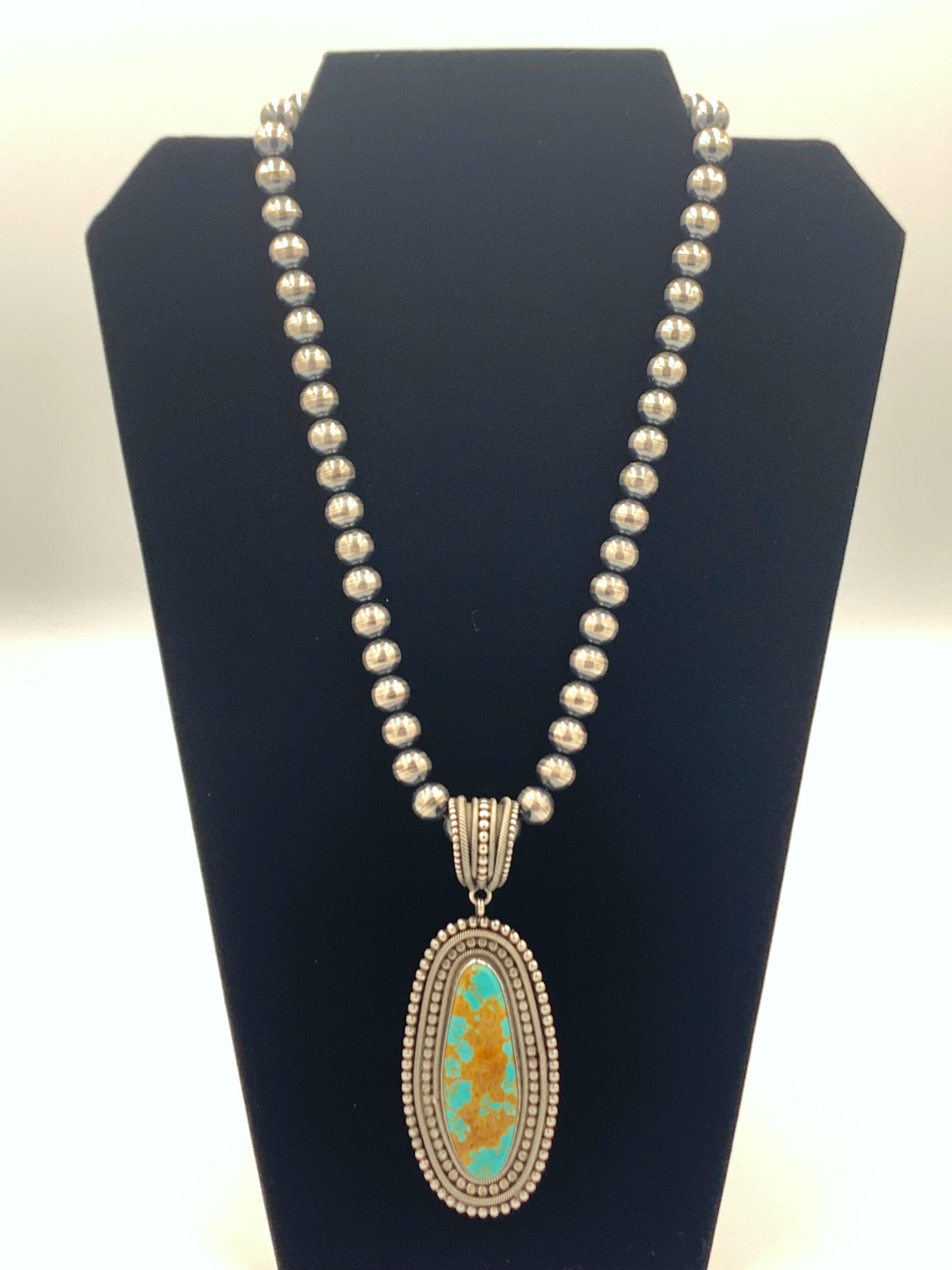 King’s Manassa Turquoise Silver Pendant with a 20.5” Navajo Pearl Necklace For Sale 11