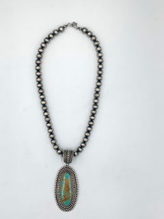 King’s Manassa Turquoise Silver Pendant with a 20.5” Navajo Pearl Necklace