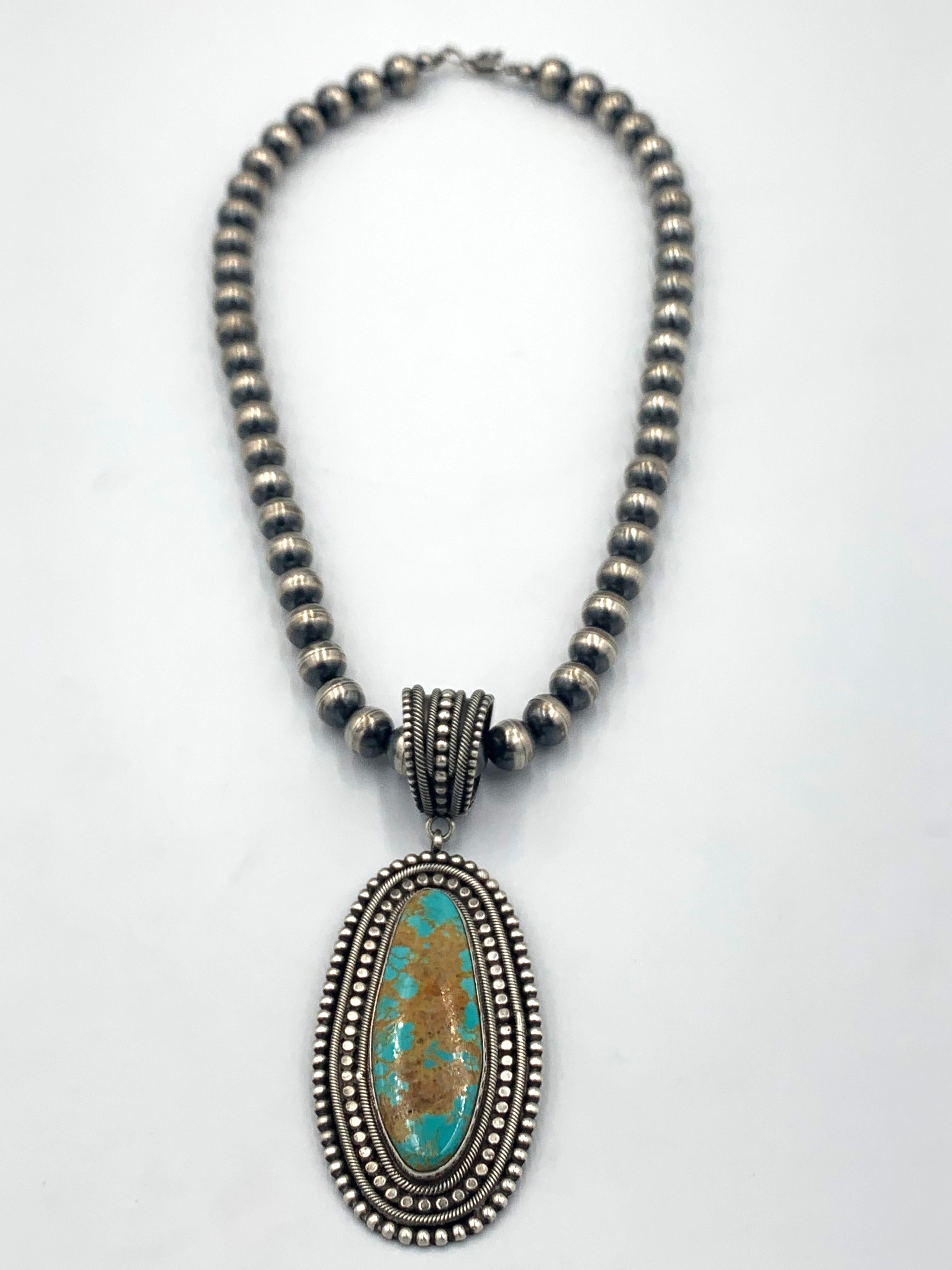 Native American King’s Manassa Turquoise Silver Pendant with a 20.5” Navajo Pearl Necklace For Sale