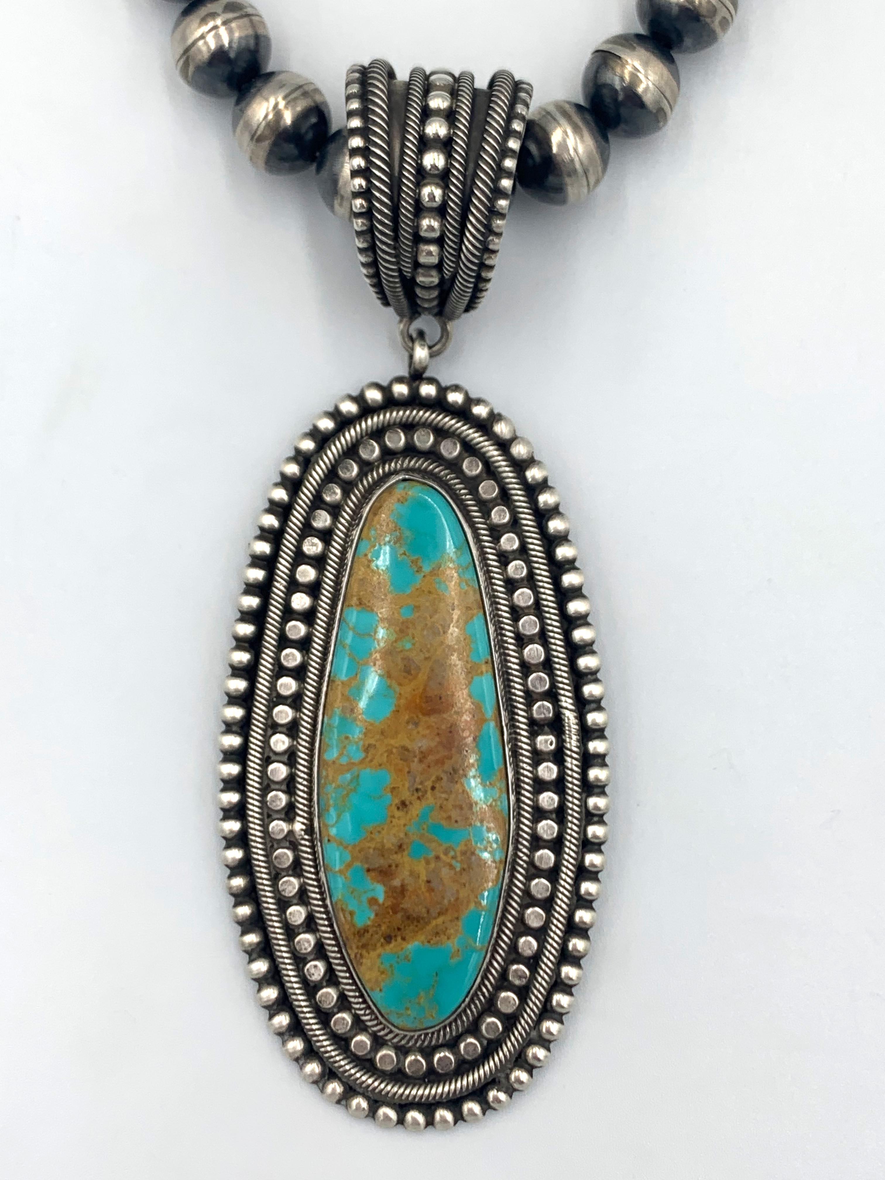 King’s Manassa Turquoise Silver Pendant with a 20.5” Navajo Pearl Necklace In New Condition For Sale In Scottsdale, AZ