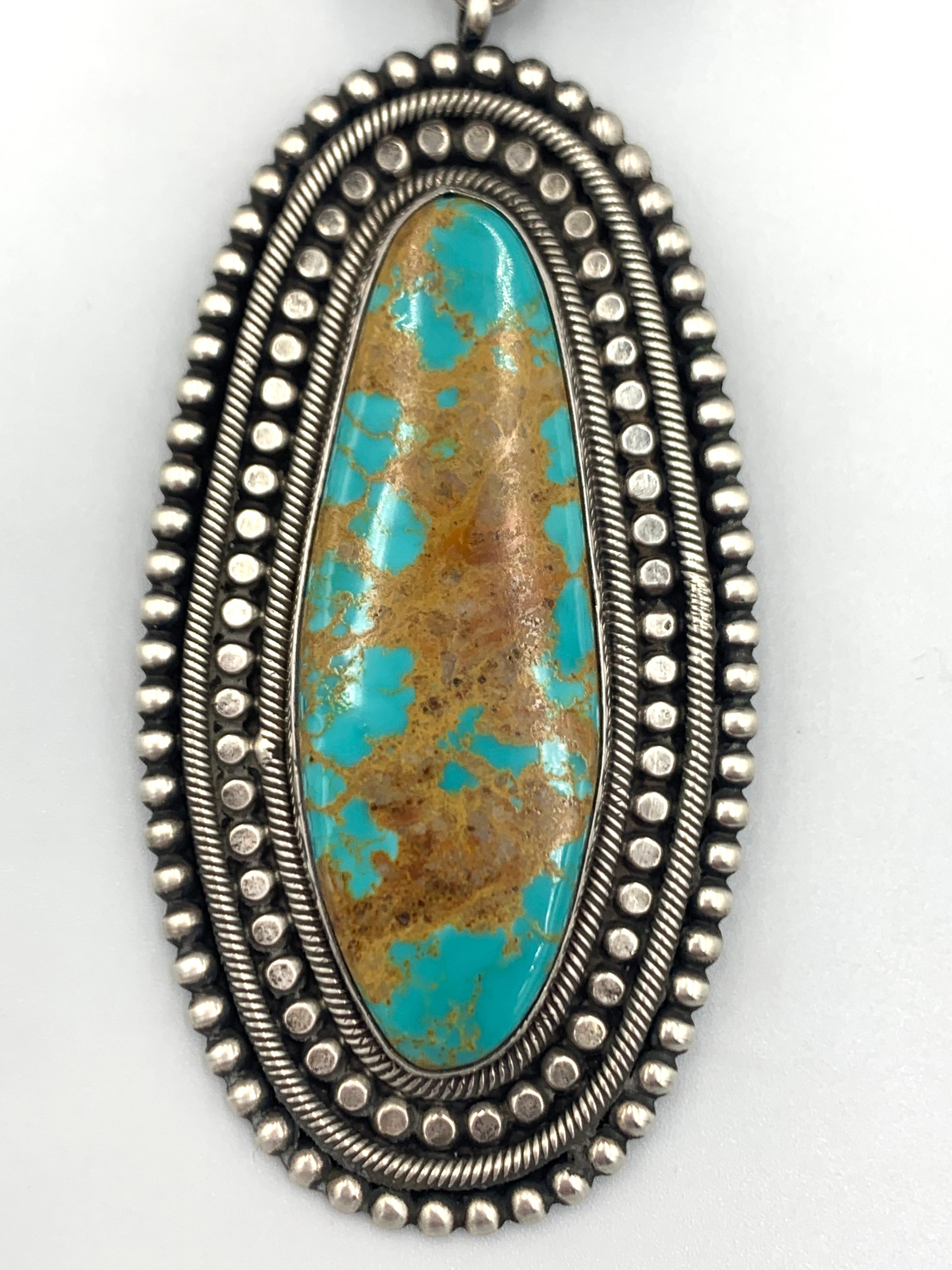 Women's or Men's King’s Manassa Turquoise Silver Pendant with a 20.5” Navajo Pearl Necklace For Sale