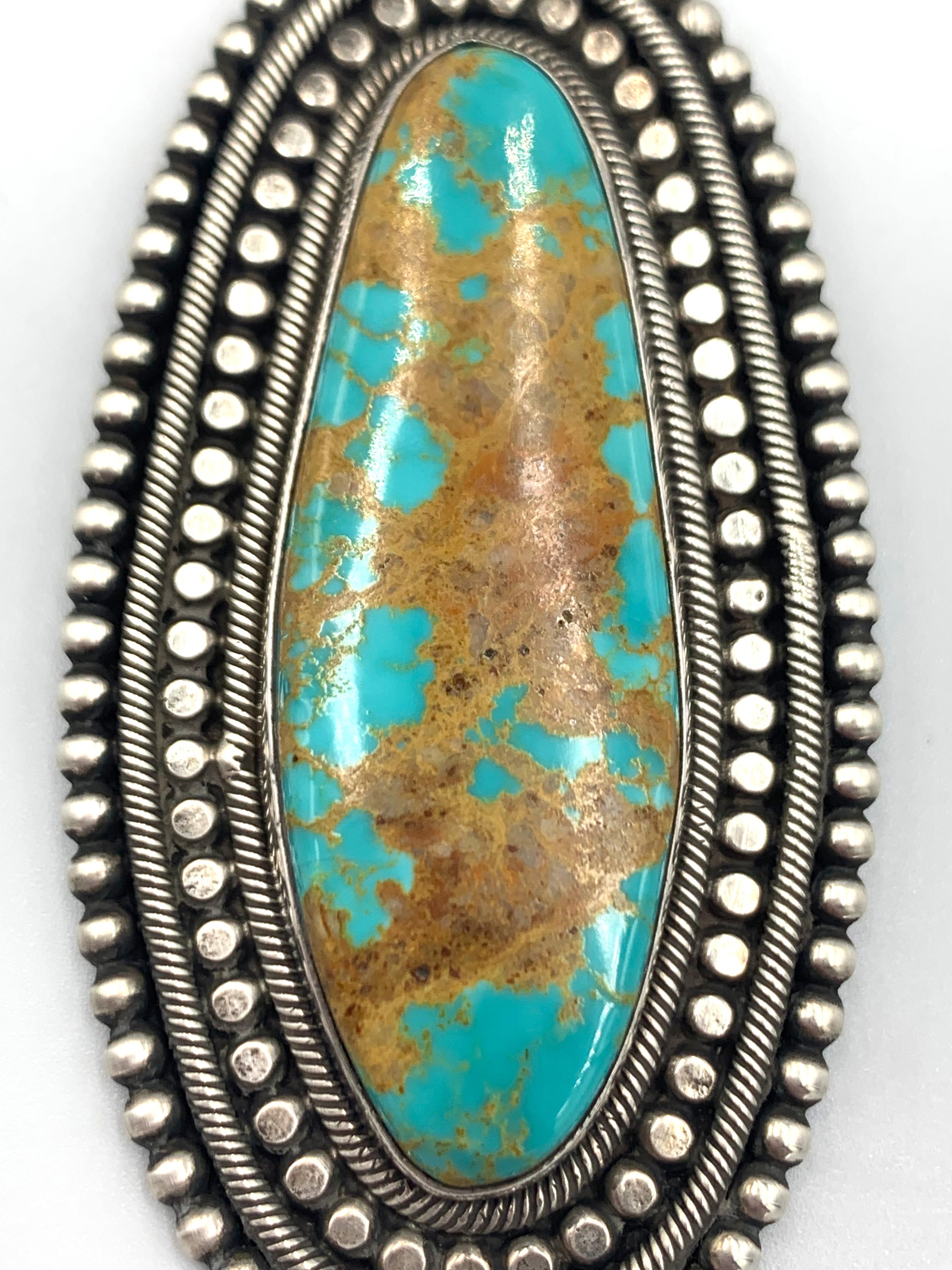 King’s Manassa Turquoise Silver Pendant with a 20.5” Navajo Pearl Necklace For Sale 1