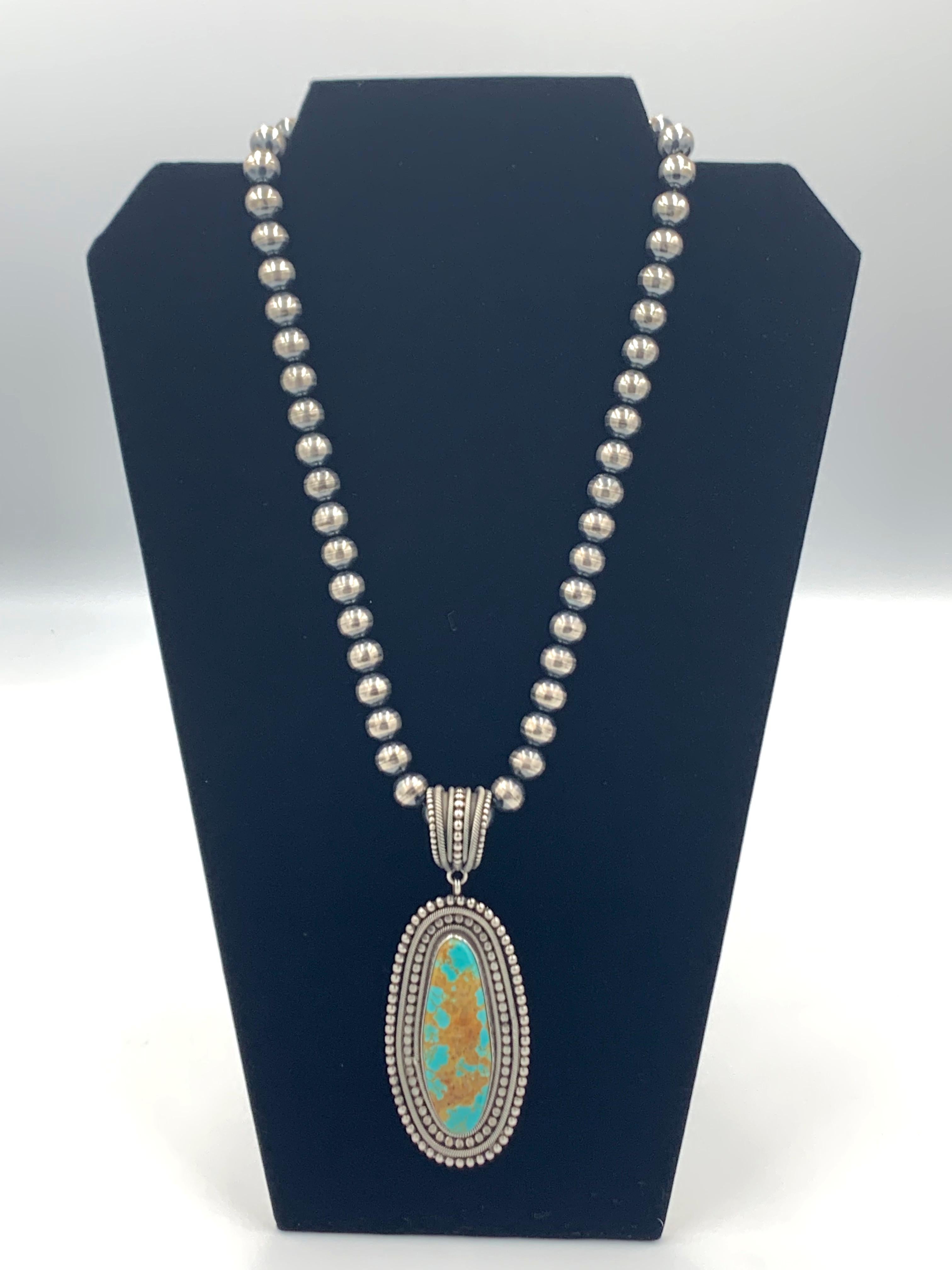 King’s Manassa Turquoise Silver Pendant with a 20.5” Navajo Pearl Necklace For Sale