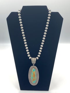 King’s Manassa Turquoise Silver Pendant with a 20.5” Navajo Pearl Necklace