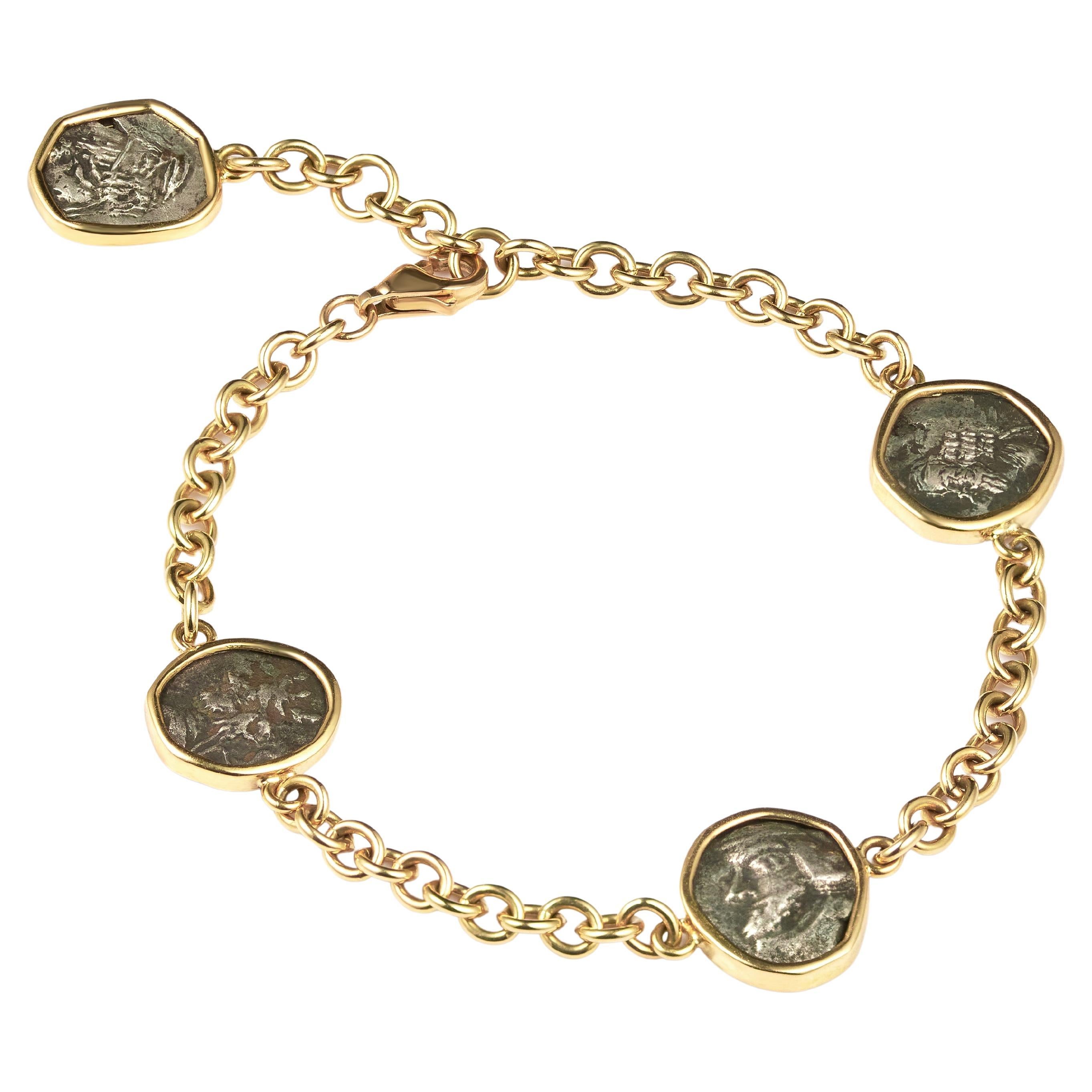 Kings of Persis Ancient Silver Multi Coin 18kt Yellow Gold Chain Bracelet For Sale