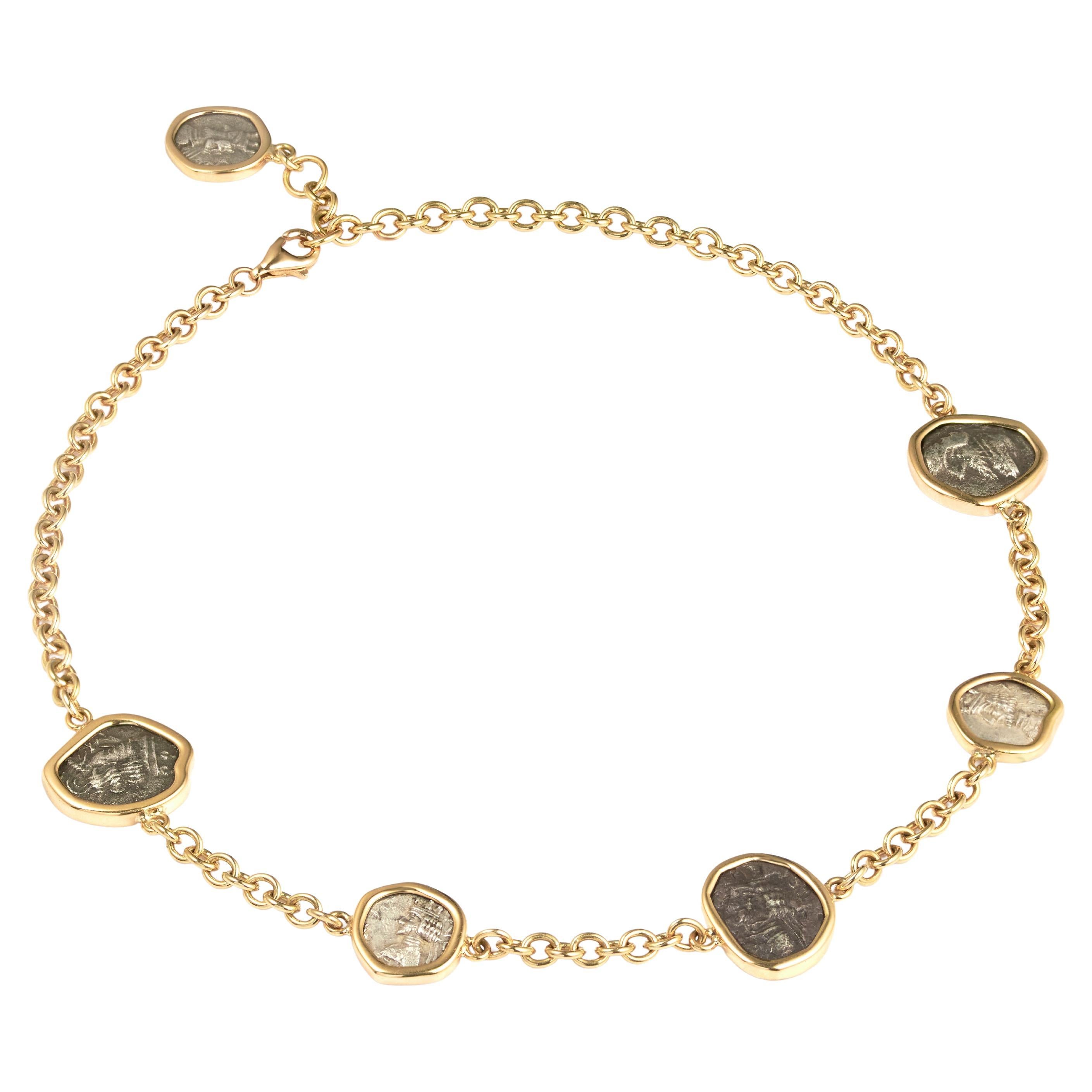 Kings of Persis Ancient Silver Multi Coin 18kt Yellow Gold Chain Choker Necklace For Sale