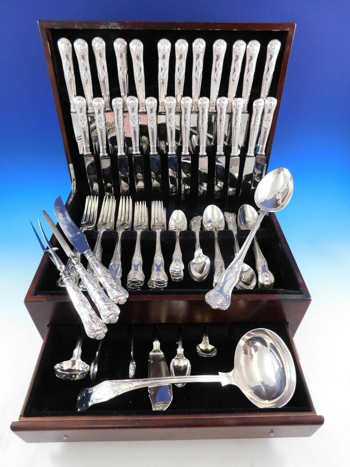 Early assembled Dinner Size Kings / Queens classic shell motif English sterling silver and silverplate (as notated) Flatware set, 82 pieces. This set includes:

12 Dinner Knives, 9 3/4