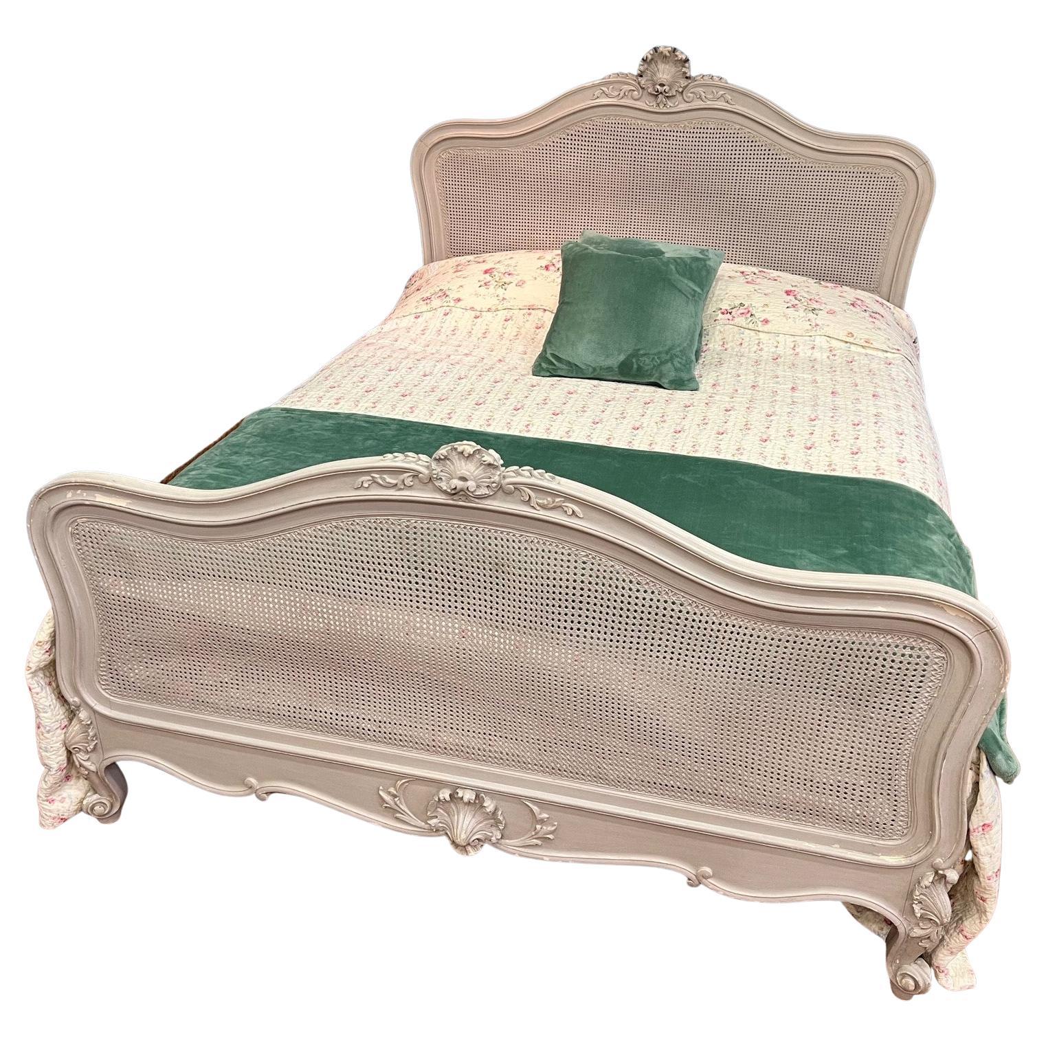Kingsize Antique French Painted Caned Bed For Sale