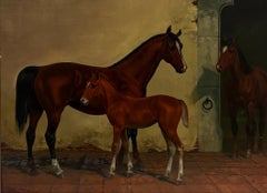 Fine Antique British Sporting Art Oil Painting Mother & Foal Horse in Stable