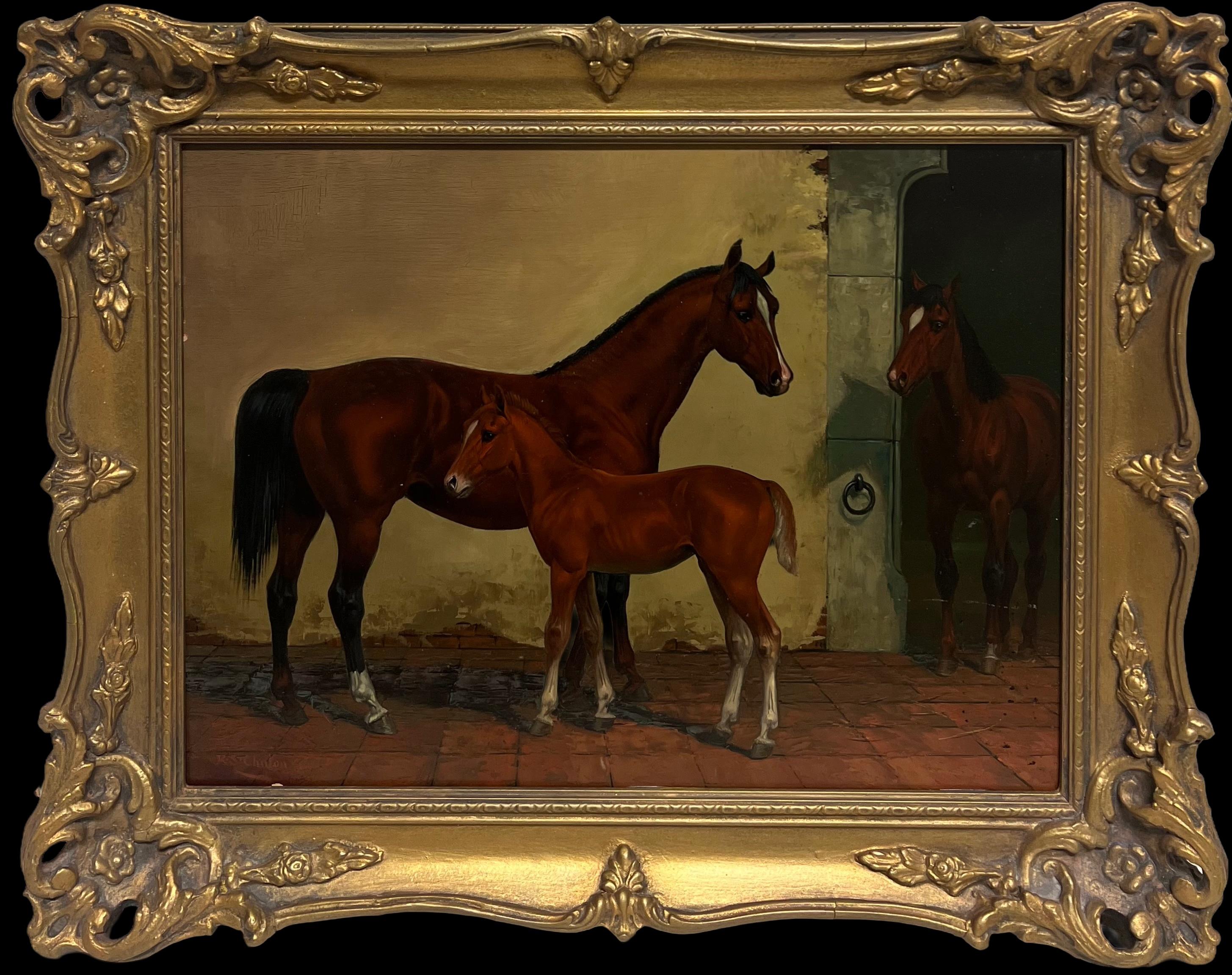 Animal Painting Kingsley S Chalon - Fine Antique British Sporting Art Oil Painting Mother 
Foal Horse in Stable