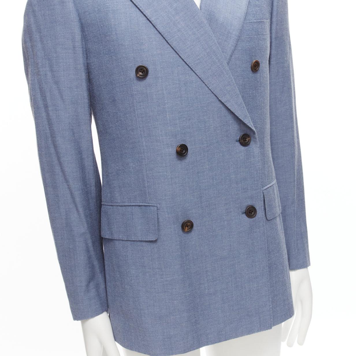 KINGSMAN blue wool cotton double breasted blazer jacket IT50 L
Reference: JSLE/A00071
Brand: Kingsman
Material: Wool, Cotton
Color: Blue
Pattern: Solid
Closure: Button
Lining: Navy Fabric
Extra Details: Double vent back. Padded shoulders.
Made in: