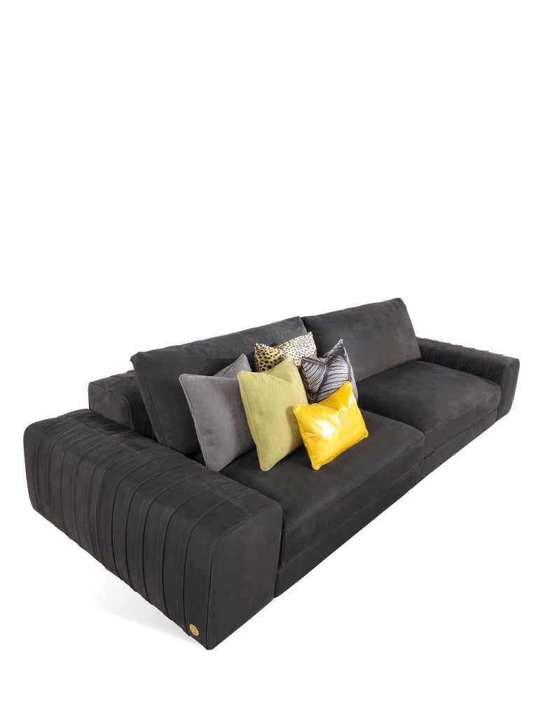 Kingston Sofa in Anthracite Leather by Roberto Cavalli Home Interiors