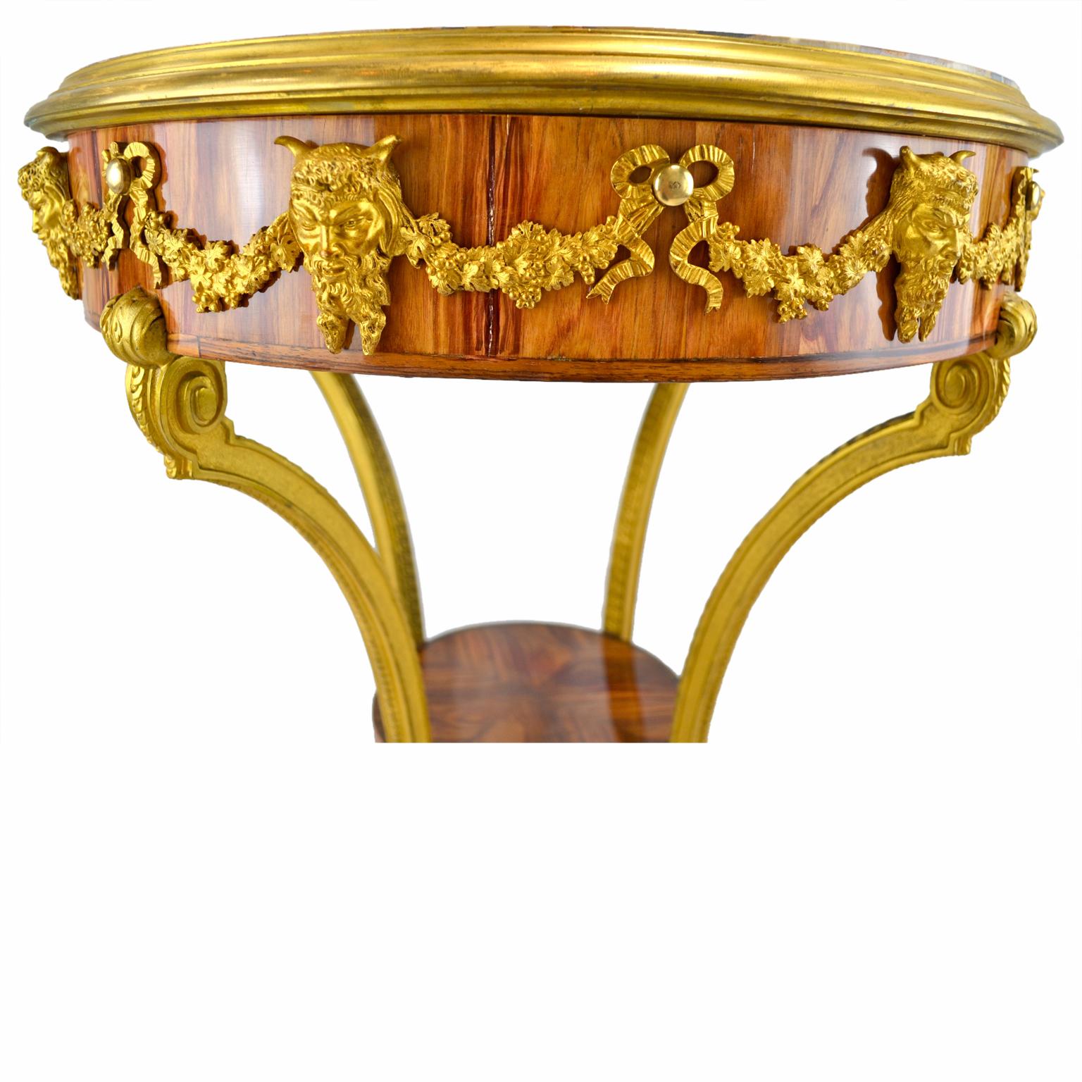 Louis XVI Marble Topped  Tulipwood  and Gilt Bronze Gueridon Table For Sale