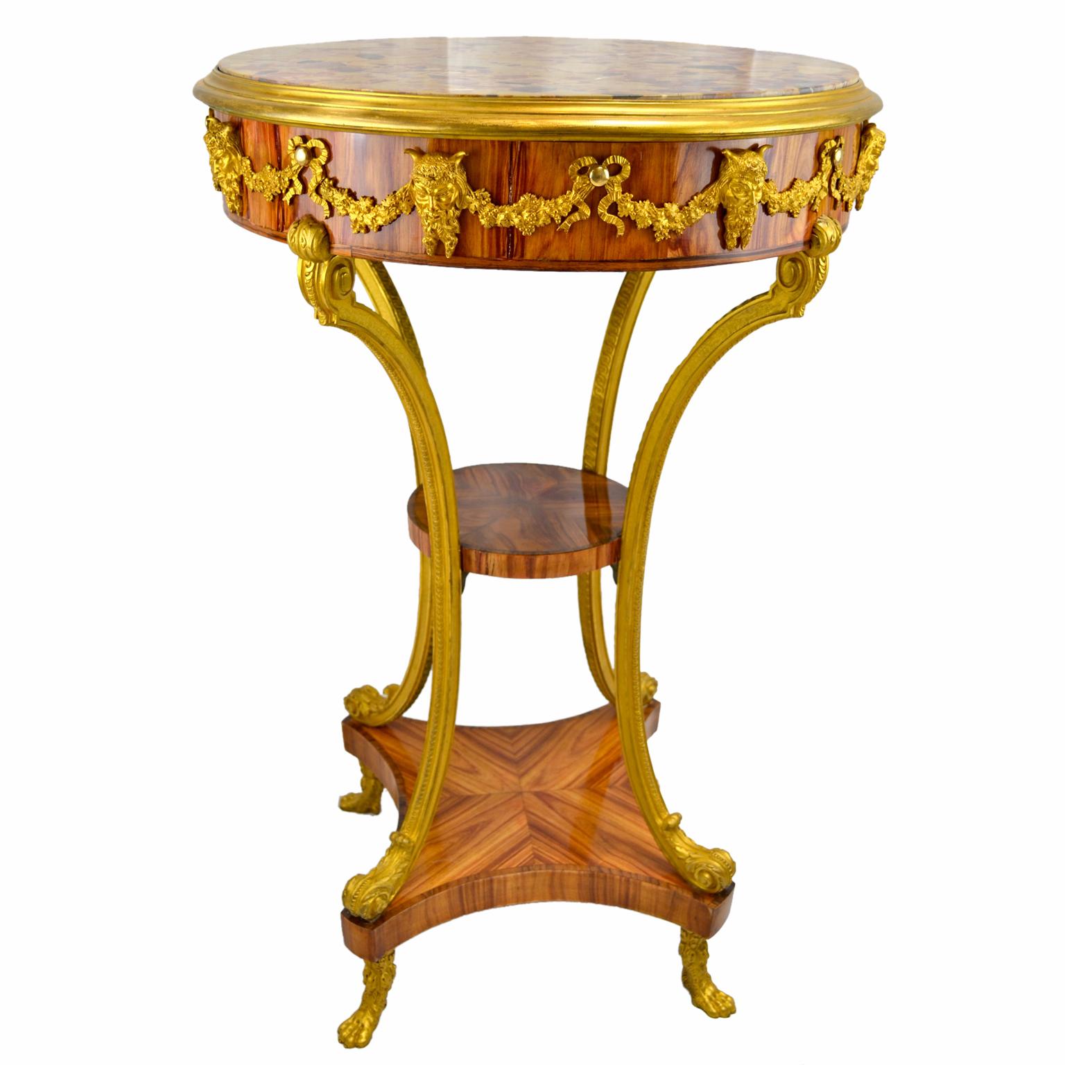 19th Century Marble Topped  Tulipwood  and Gilt Bronze Gueridon Table For Sale