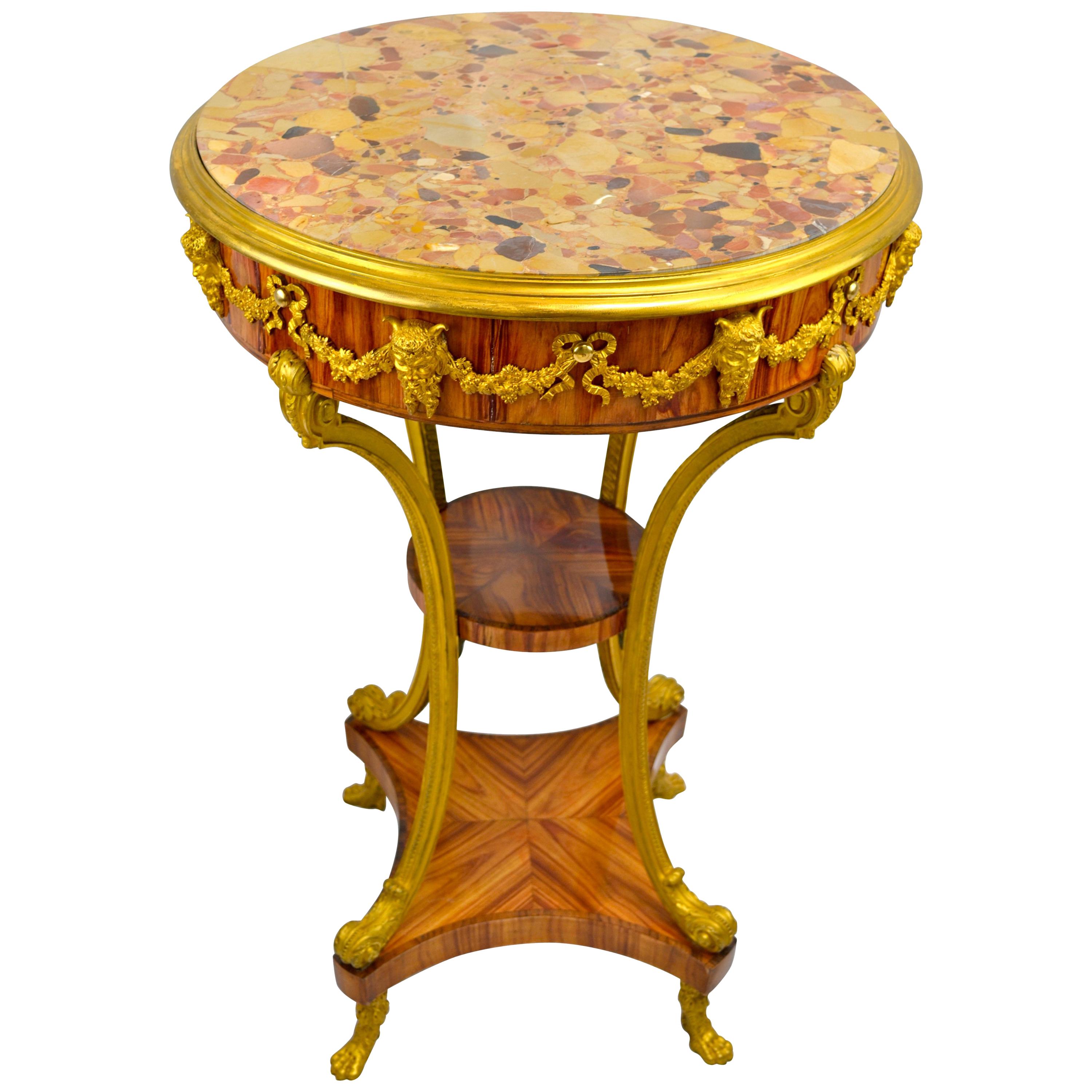 Marble Topped  Tulipwood  and Gilt Bronze Gueridon Table