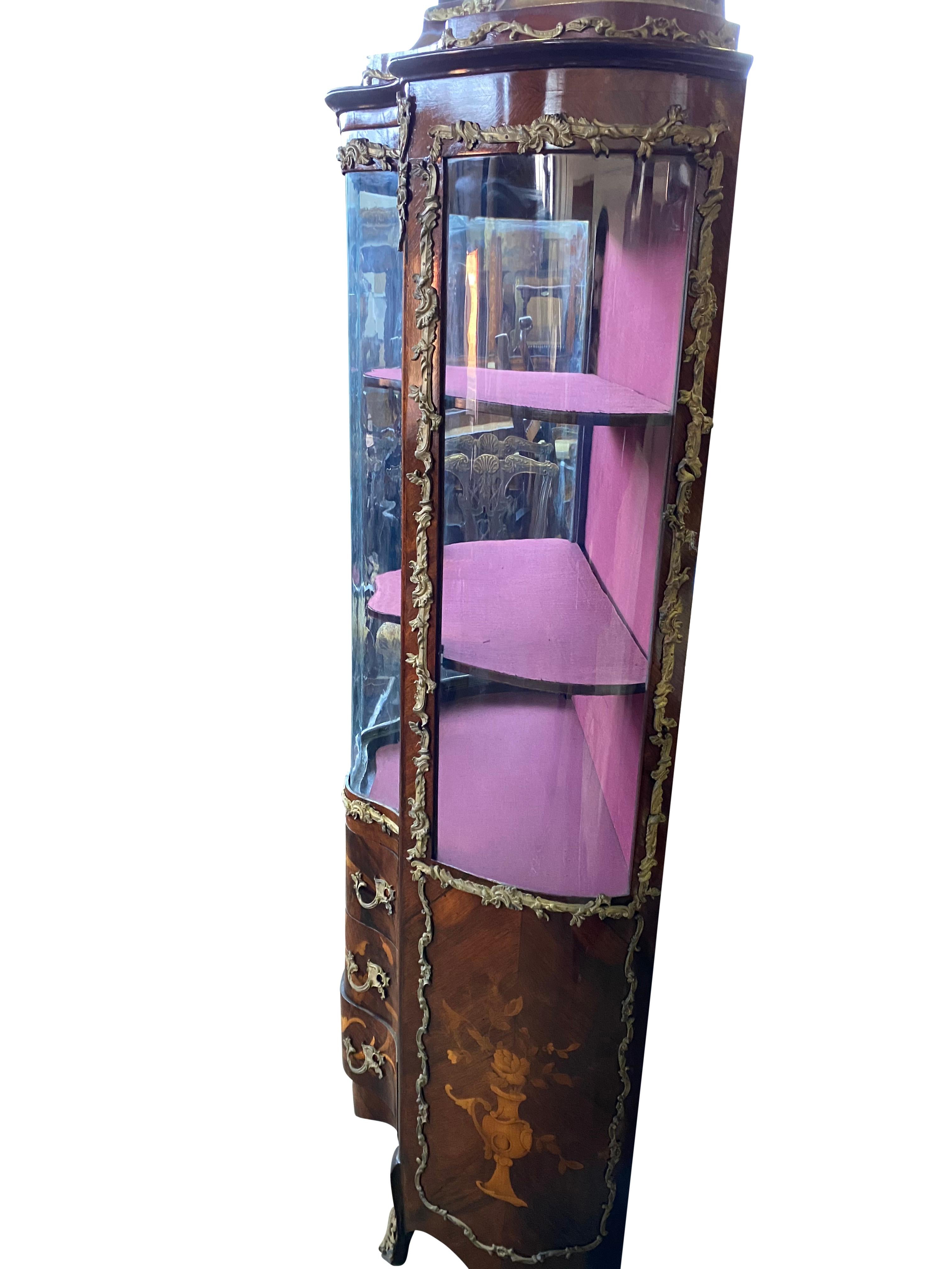 French Kingwood Inlaid Bowfront Vitrine, 19th Century For Sale