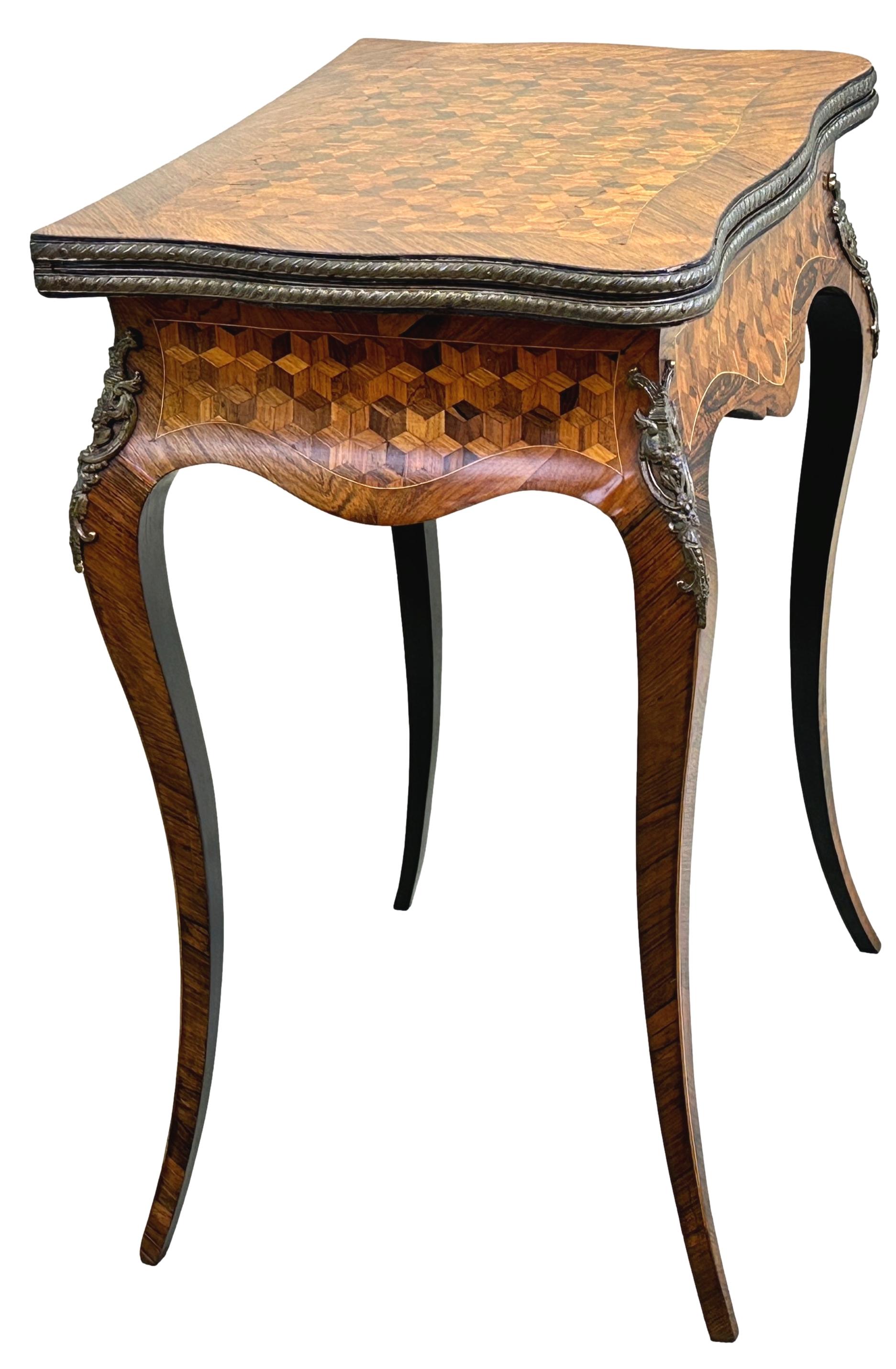 French Kingwood & Parquetry Serpentine Card Table For Sale