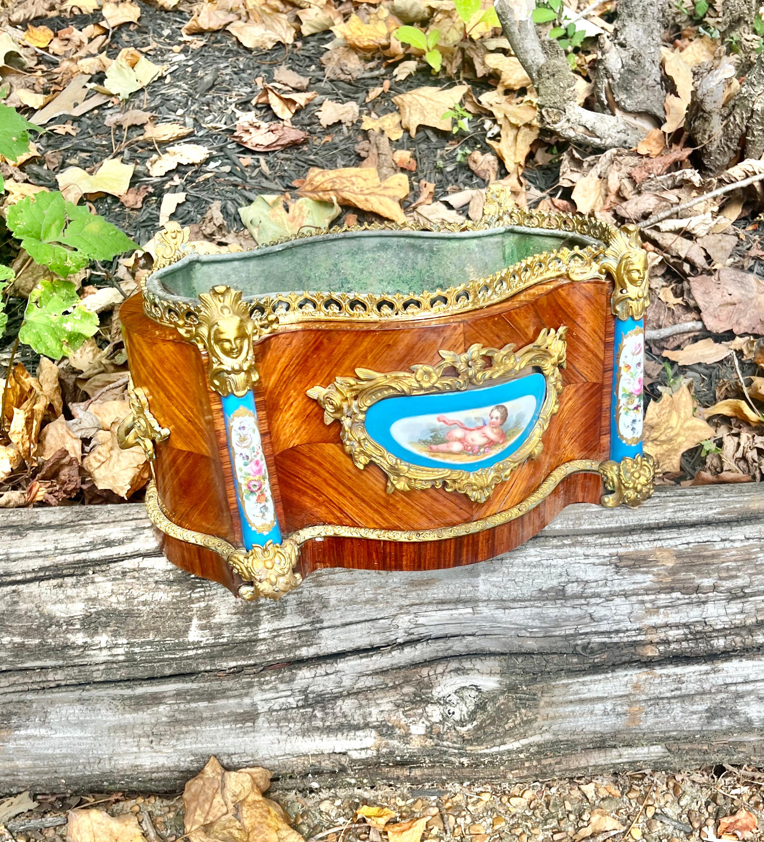 Kingwood Napoleon III style chest or table-top planter or jardiniere with central Sevres style plaques to the larger sides with same type porcelain as pilasters to the front .A Pierced gilded gallery around the serpentine shaped top. The smaller