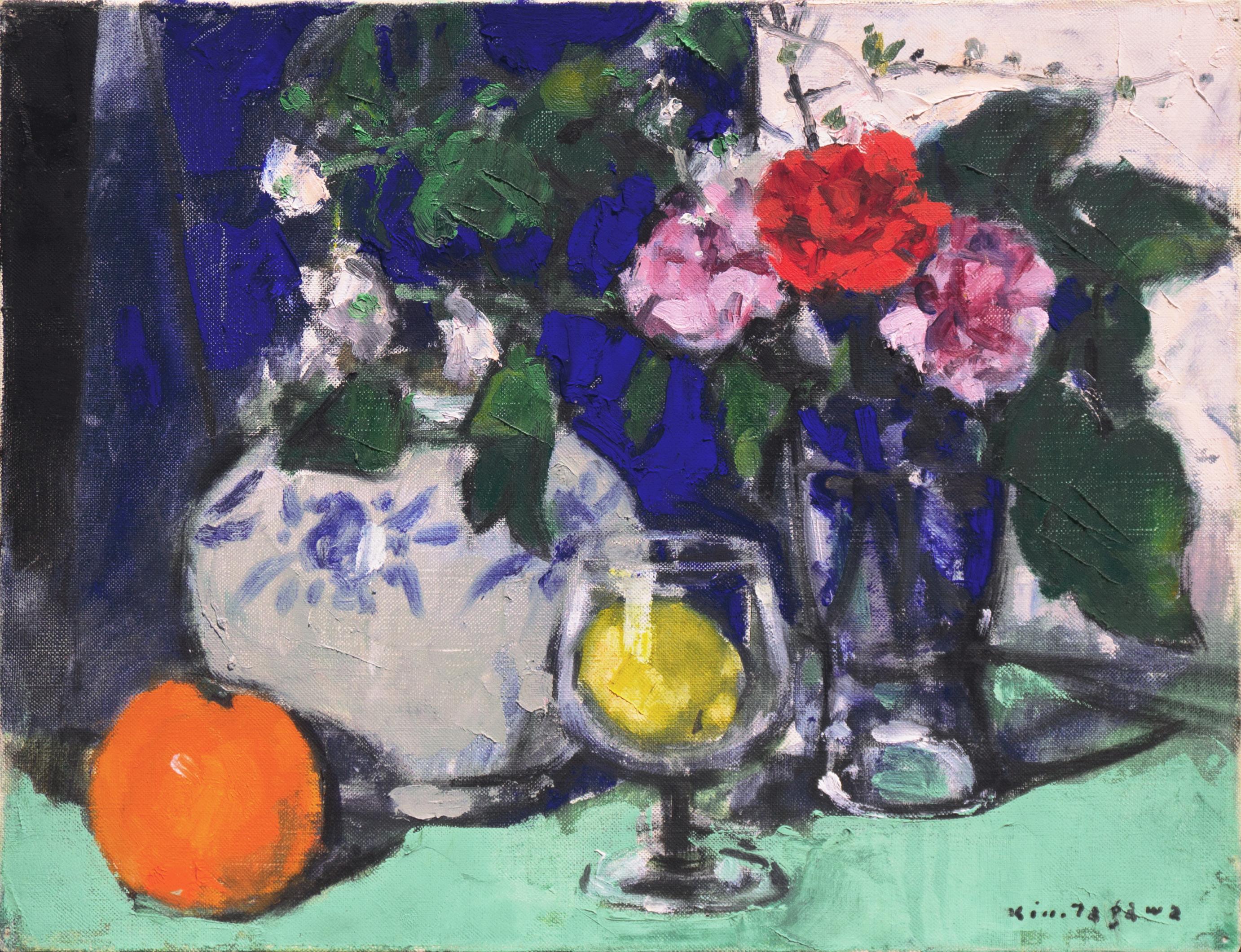 Still-Life Painting de Kinji Tagawa - "Naturaleza muerta con claveles", Impresionista japonés, Museo de Arte de Okinawa, Osaka