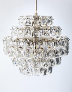 Lampadario di cristallo a sei piani Kinkeldey, base cromata, Art Deco, 1974