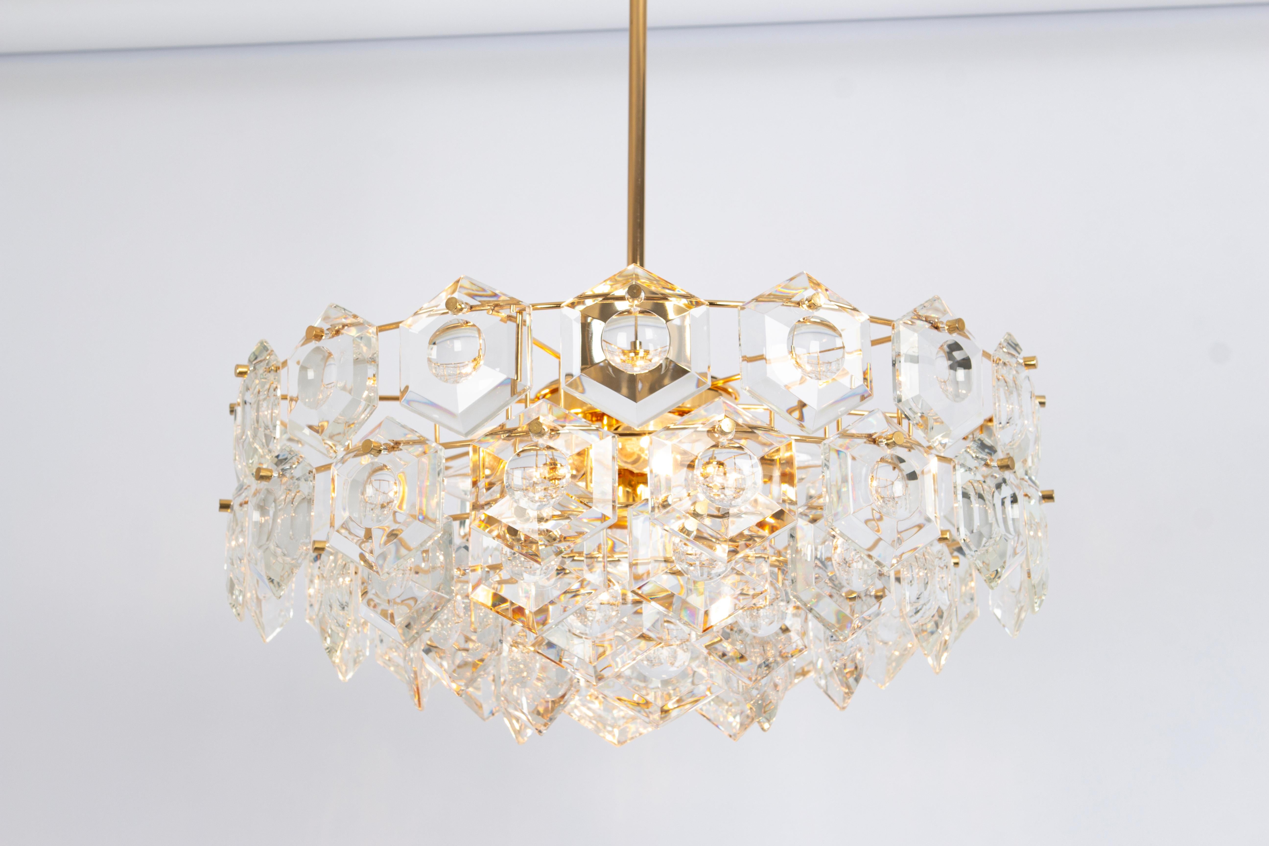Late 20th Century Kinkeldey Chandelier Gilt Brass and Crystal Glass, Germany, 1970s For Sale