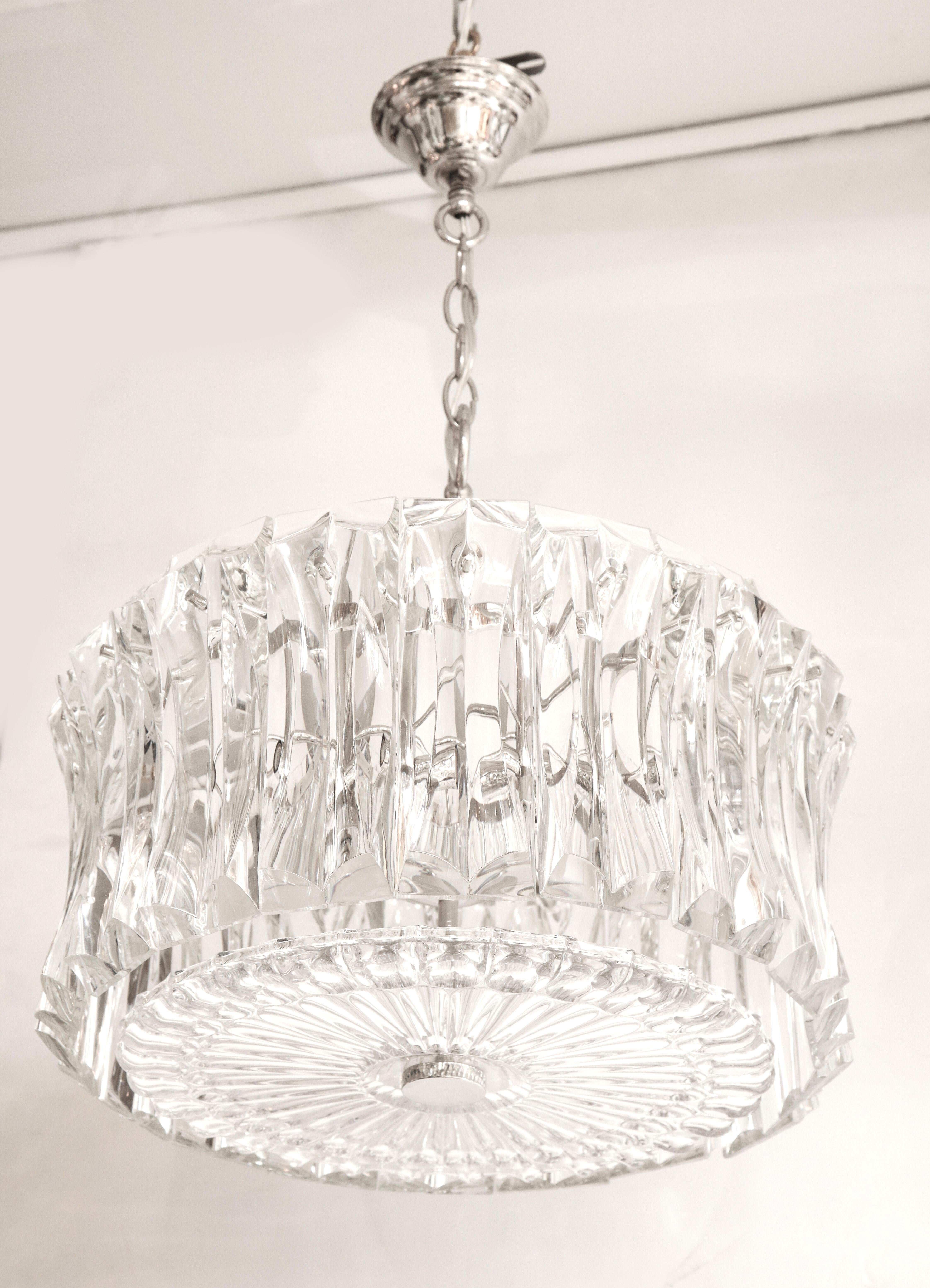 Kinkeldey crystal drum pendant featuring faceted rectangular prisms and bottom plate on a nickel frame and chain. Rewired for use in the USA, 3 candelabra bulbs required. Chandelier body is 8 inches.