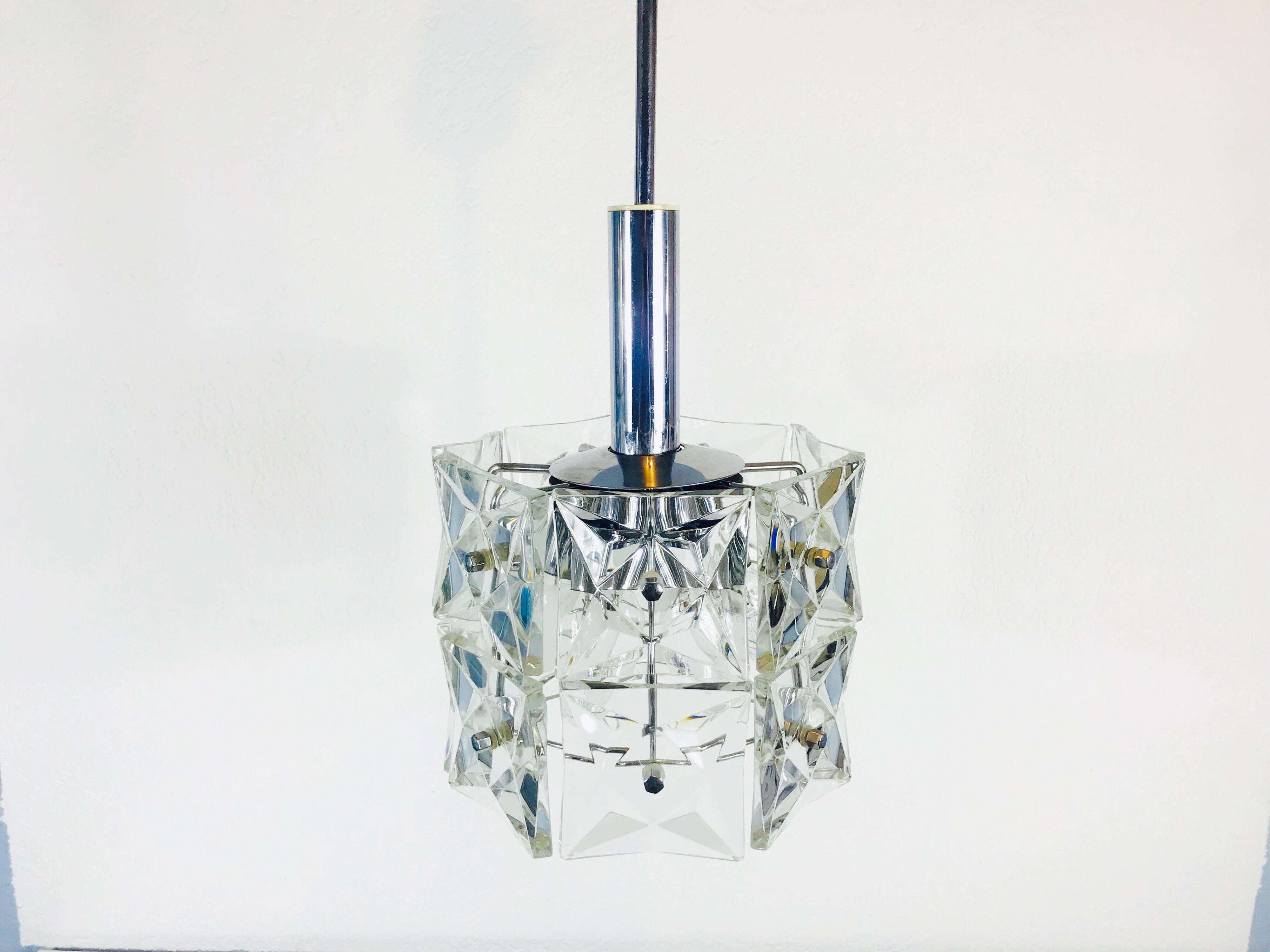 Aluminum Kinkeldey Crystal Ice Glass Hanging Lamp, circa 1960s For Sale