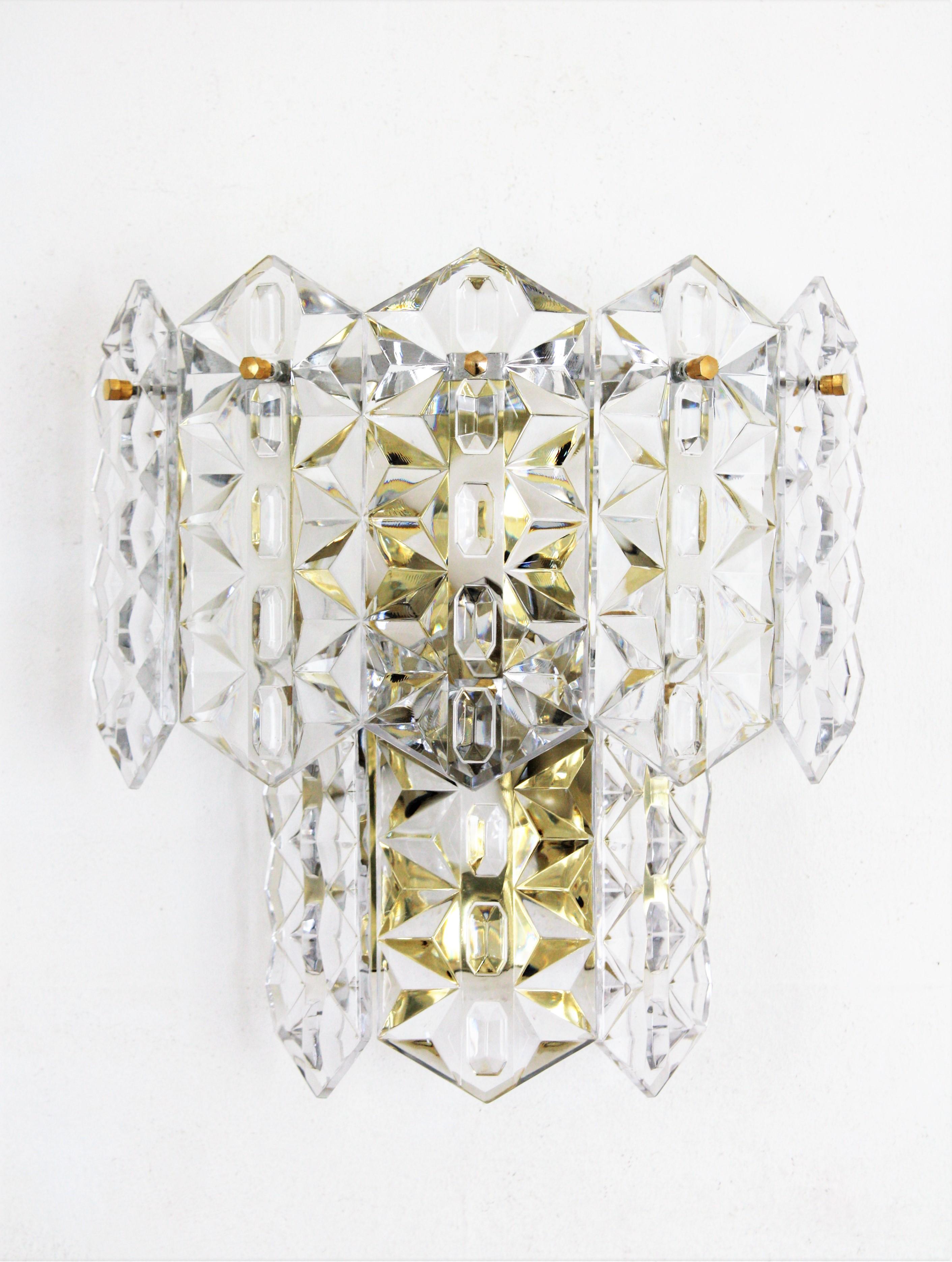 Mid-Century Modern Pair of Kinkeldey Wall Sconces in Faceted Crystal and Brass For Sale