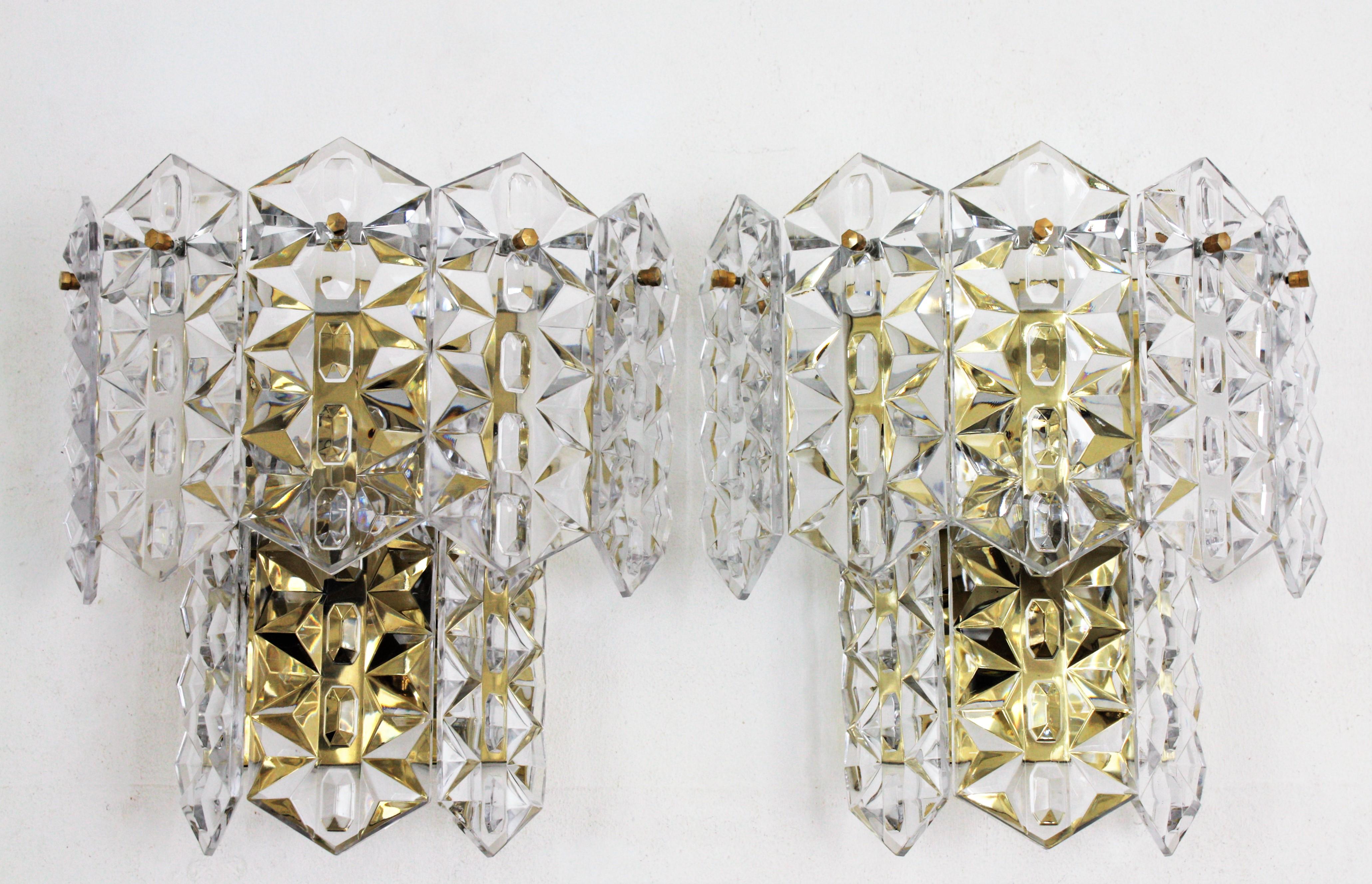 German Pair of Kinkeldey Wall Sconces in Faceted Crystal and Brass For Sale