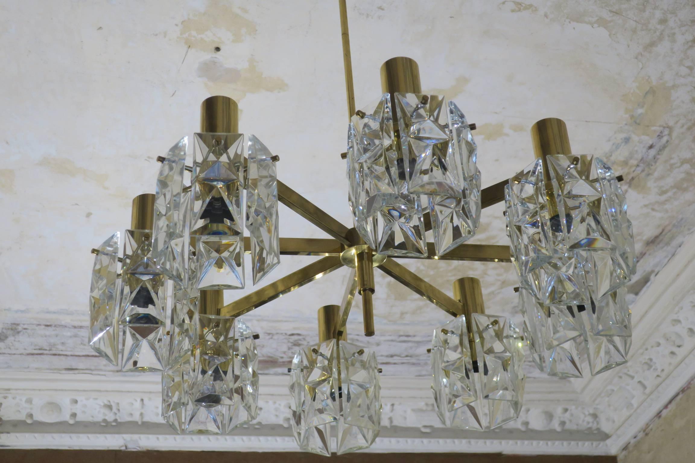 20th Century Kinkeldey Midcentury Faceted Crystal and Brass Chandelier, 1960s For Sale