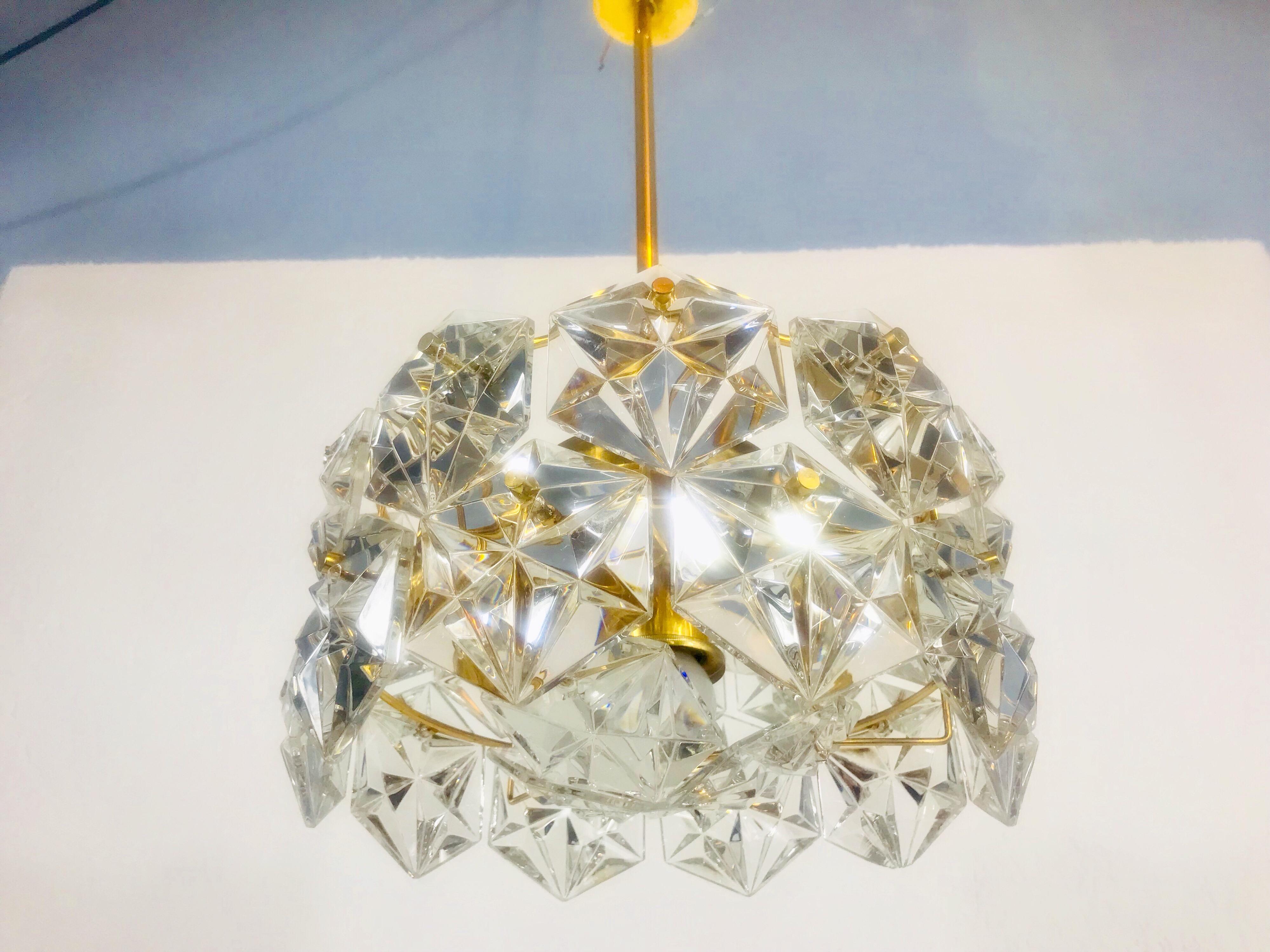 Metal Kinkeldey Midcentury Polished Brass and Crystal Glass Chandelier, circa 1960s For Sale