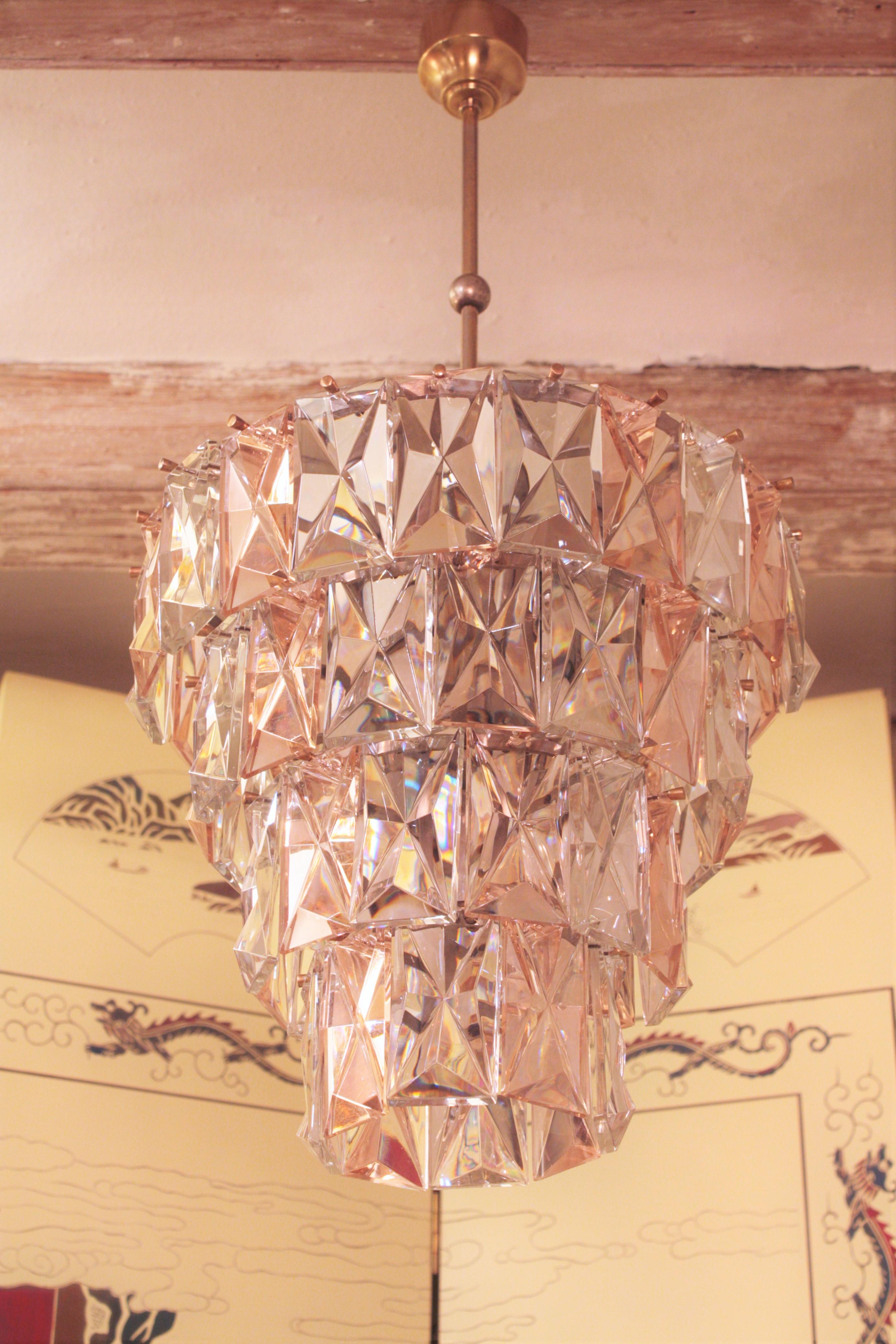 Polished Midcentury Kinkeldey Chandelier in Pink and Clear Faceted Crystal, 1960s For Sale