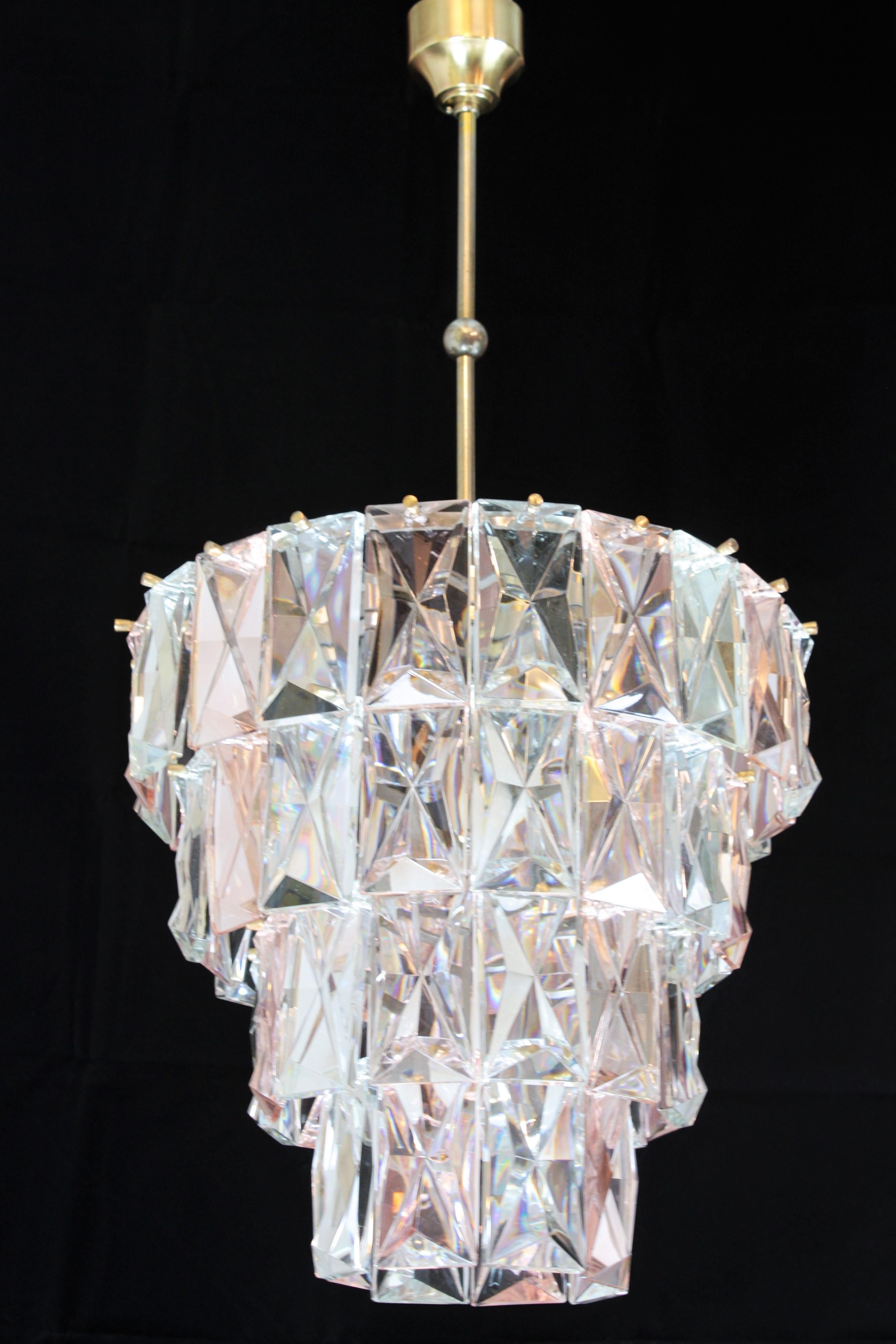 Brass Midcentury Kinkeldey Chandelier in Pink and Clear Faceted Crystal, 1960s For Sale