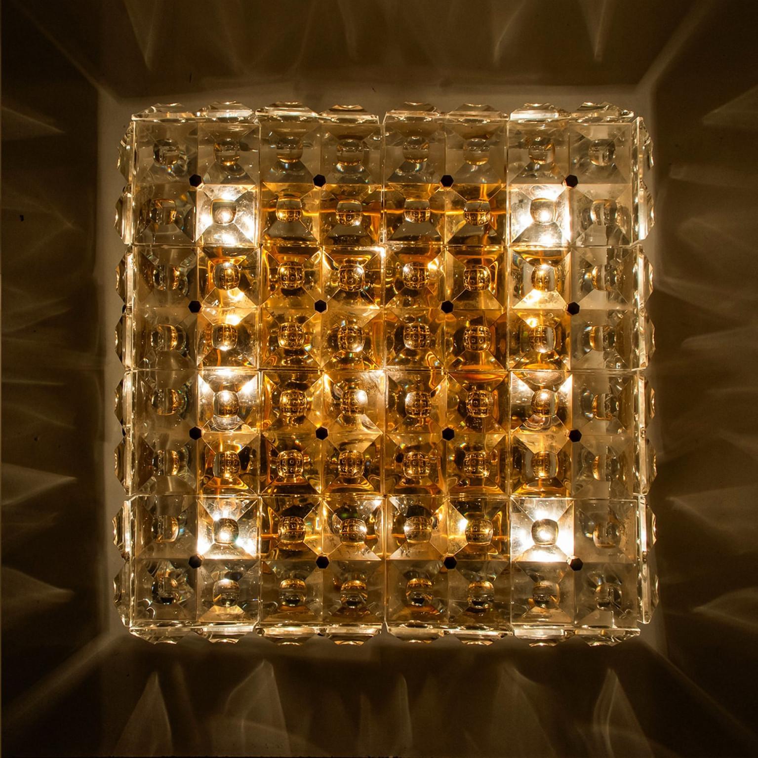 Mid-Century moderno Kinkeldey Square Crystal Glass Brass Flush Mount, Germany, 1970s in vendita