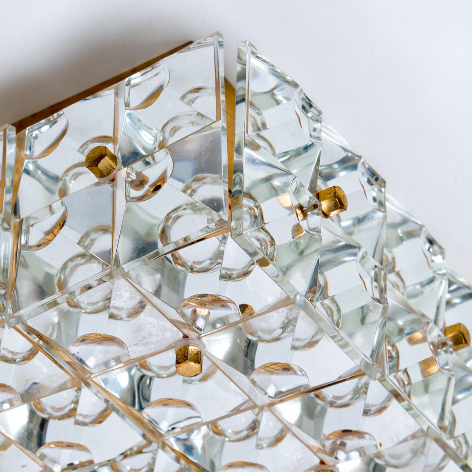 Tedesco Kinkeldey Square Crystal Glass Brass Flush Mount, Germany, 1970s in vendita