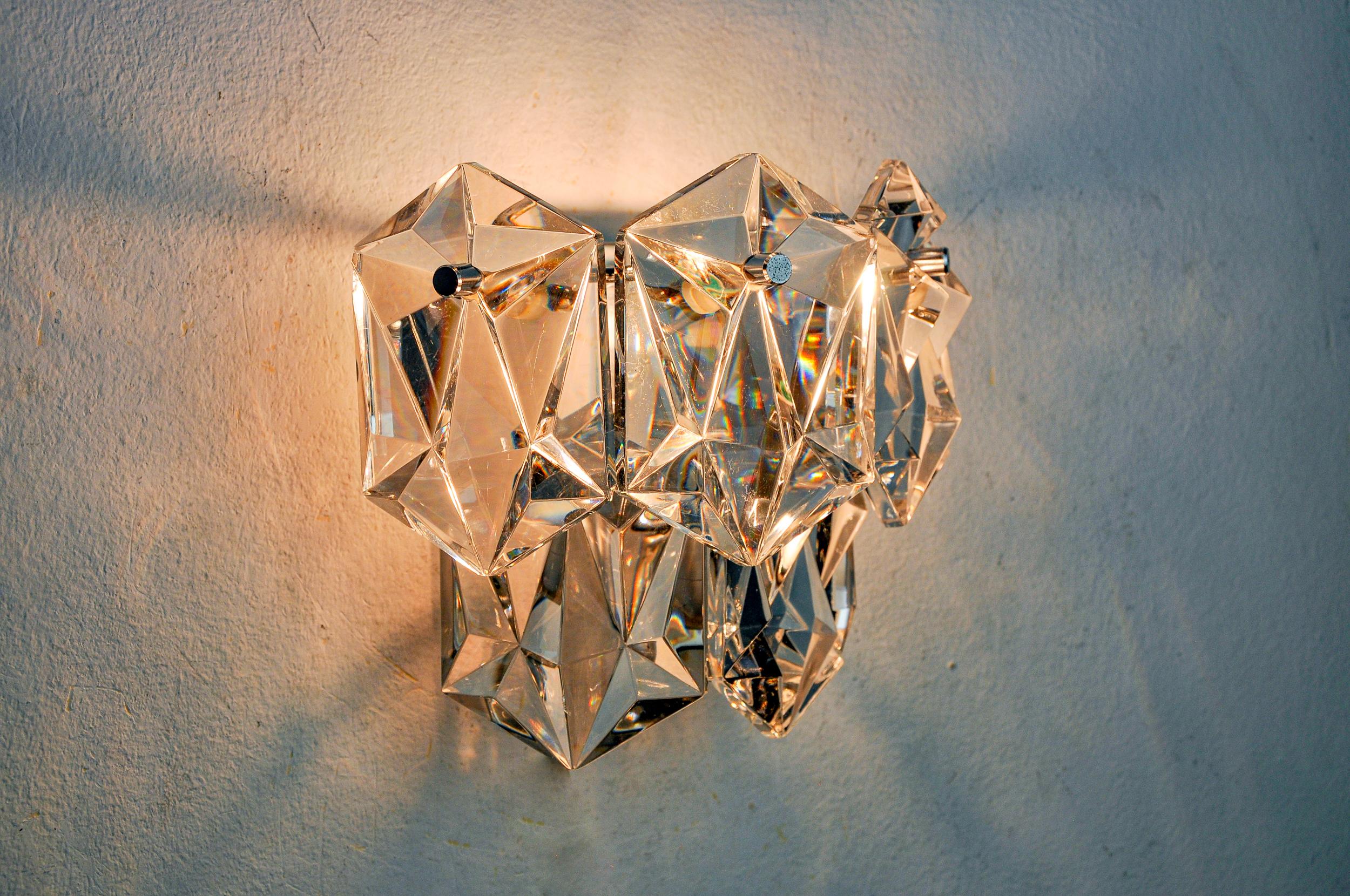 Crystal Kinkeldey wall light, cut crystals, 2 levels, Germany, 1970 For Sale